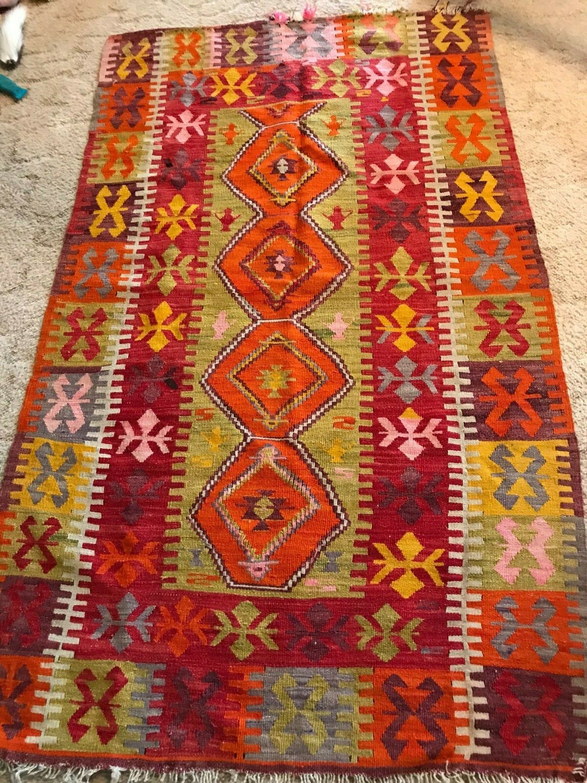 Vintage Turkish KILIM RUG Hand Woven Colorful Izmir Turkey Region 42″ x 70″ (#2)