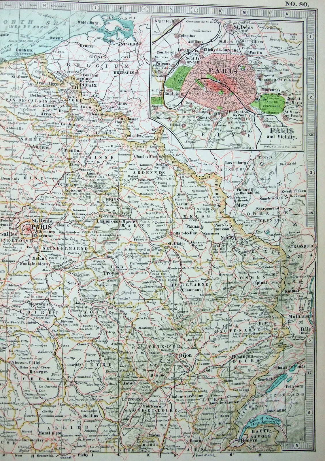 Northern France – Original 1897 Map by The Century Company. Antique