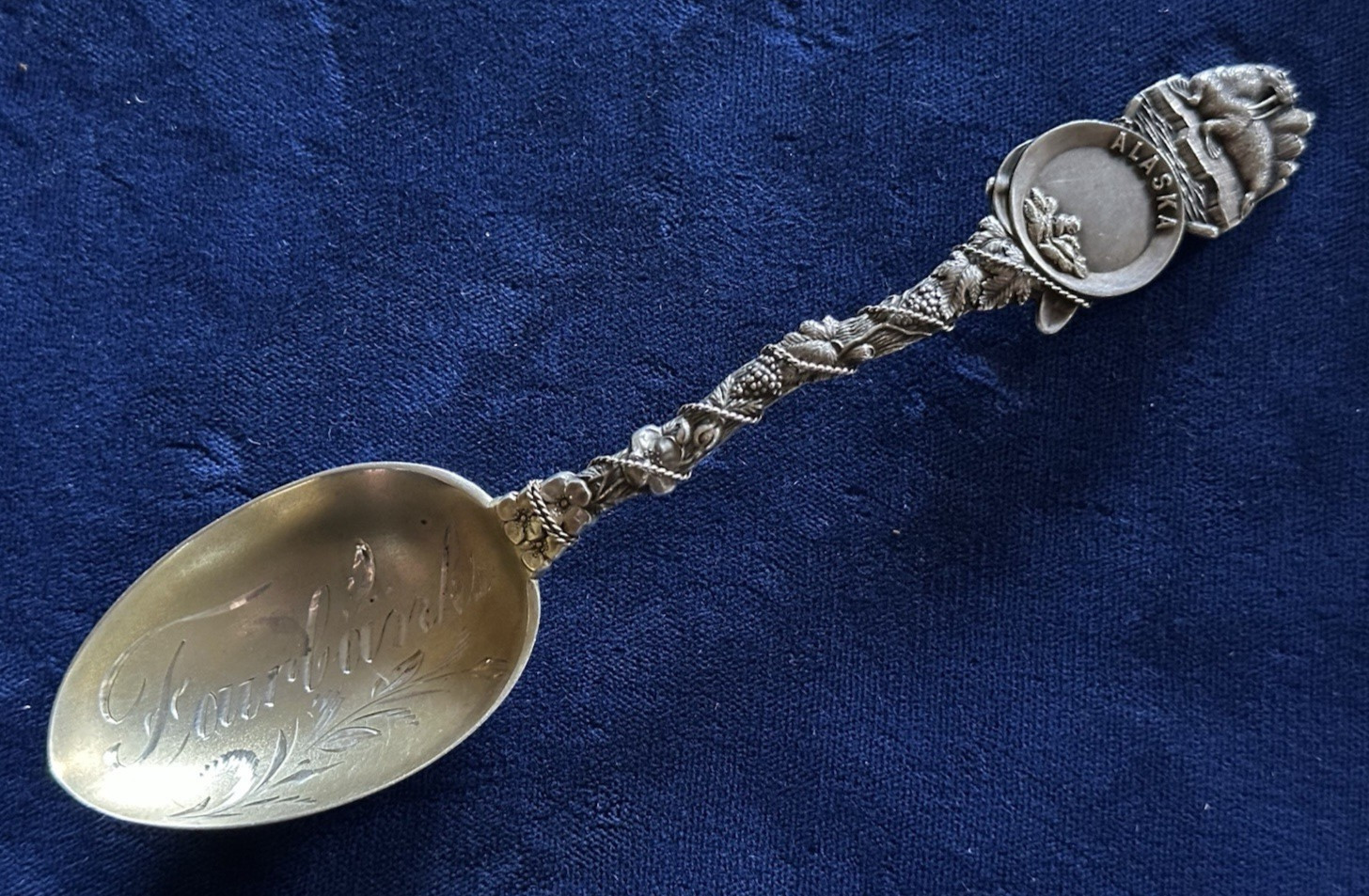 FAIRBANKS ALASKA Sterling Silver Souvenir Spoon J Mayer & Bros Gold Pan Design