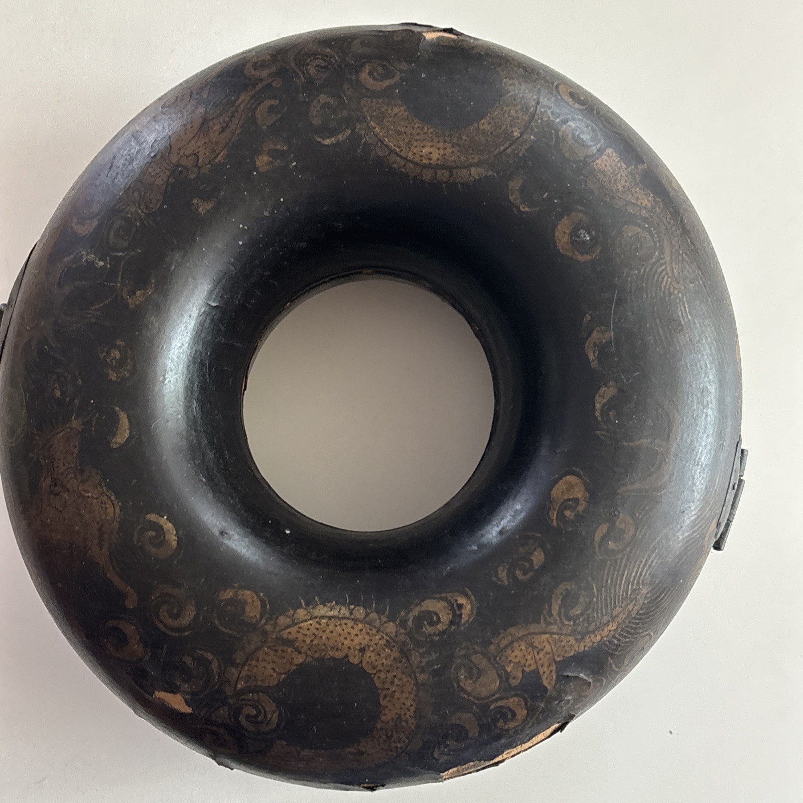 Antique CHINESE LACQUER Box ROUND NEEDS TLC Hand made Latches Hand Painted