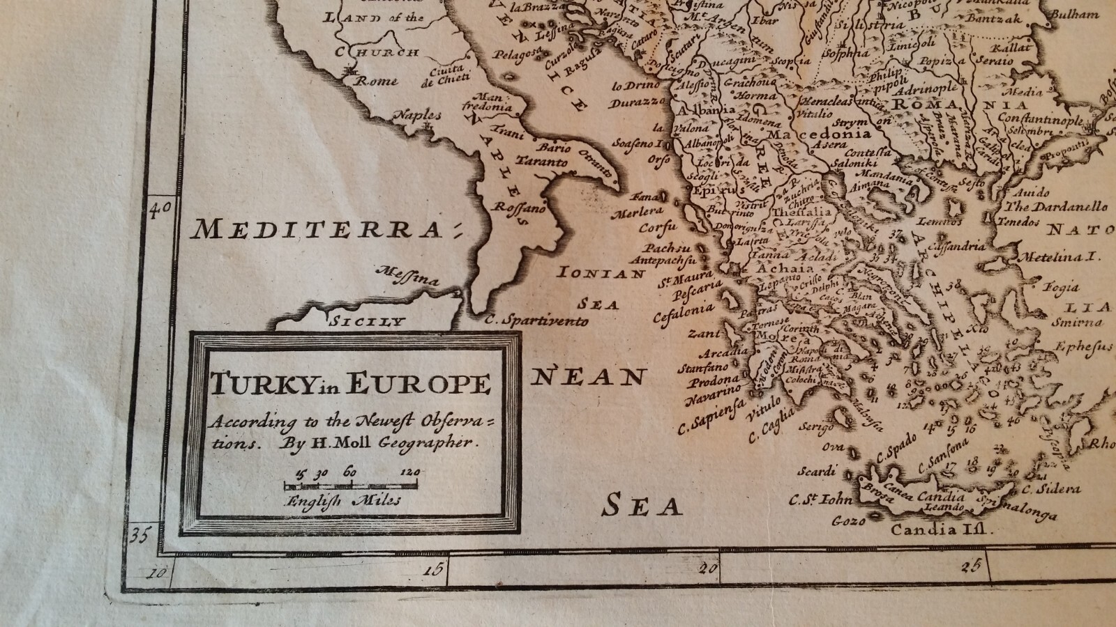 1732 ORIGINAL ANTIQUE COPPERPLATE MAP – TURKY IN EUROPE TURKEY – HERMAN MOLL