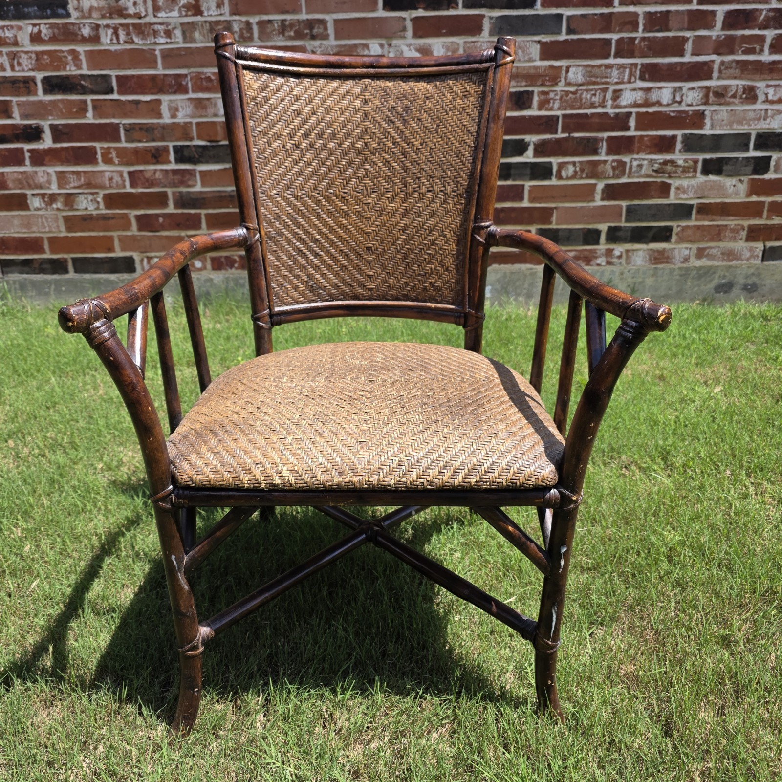 Vintage Burnt Bamboo Arm Chair With Woven Grass Seat Rattan Chair