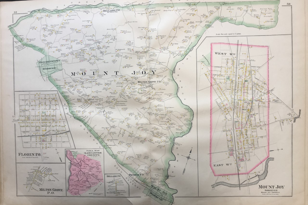 ORIG 1899 MOUNT JOY, PENN ELIZABETHTOWN, LANCASTER, PENNSYLVANIA, PLAT ATLAS MAP