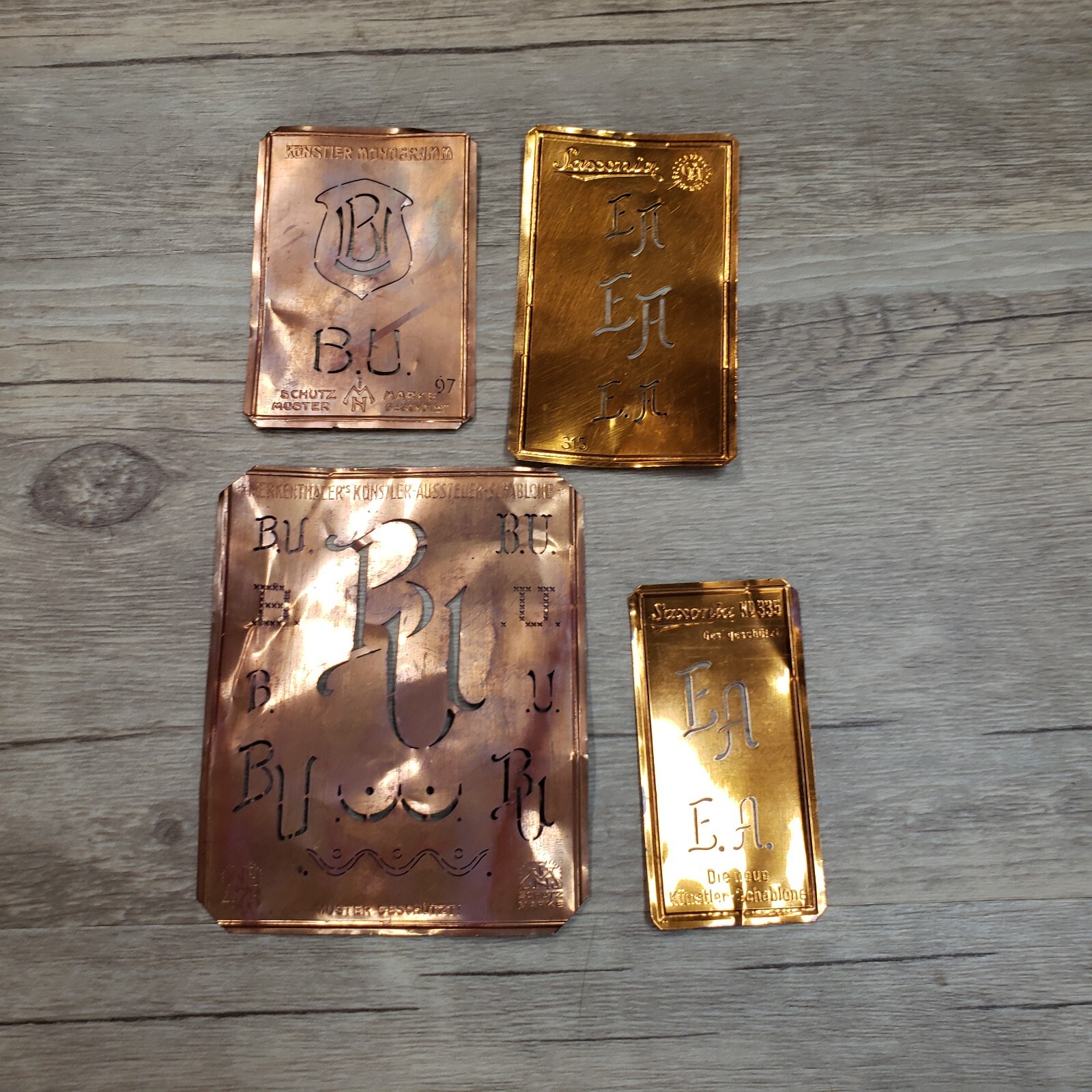 Lot of 4 Vintage Copper Monogram Stencils Initials Letters E.A. & B.U.