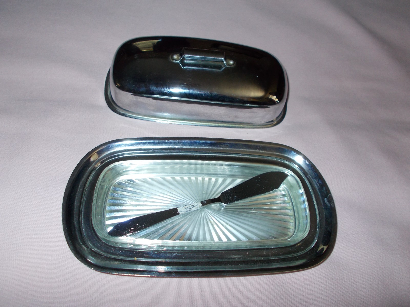 Vintage Silver Plated Metal Butter Dish With Lid Knife and Plastic Insert