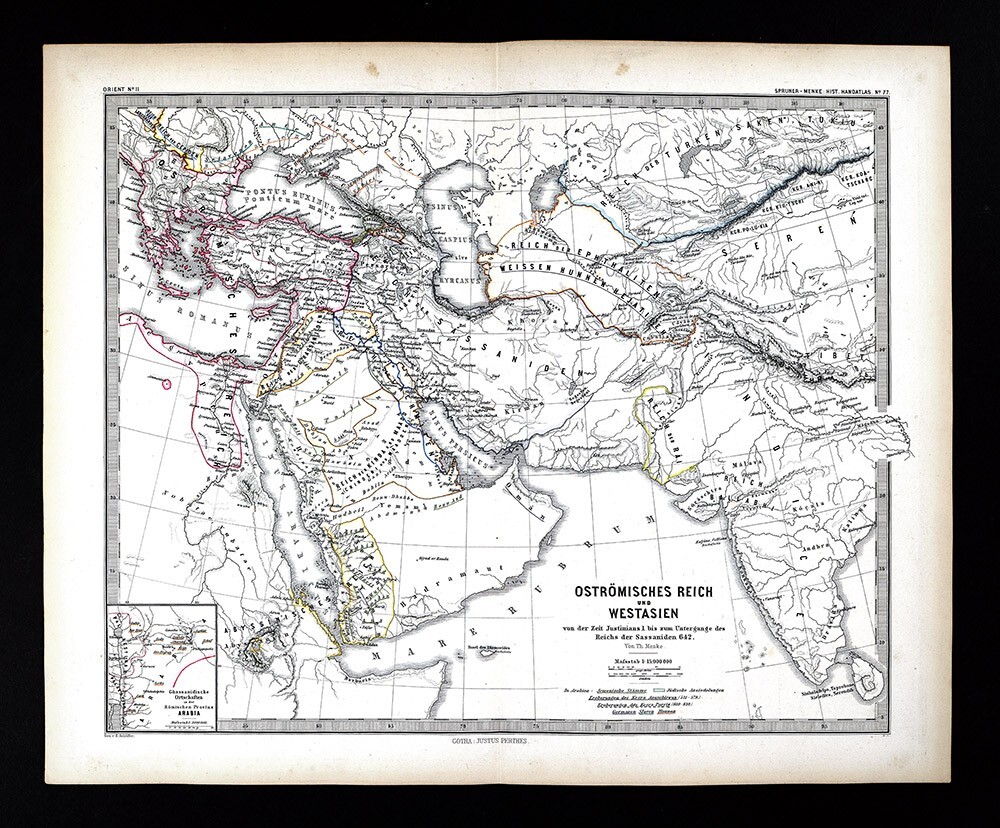 1880 Spruner Map Byzantine Empire Justinian to Sassanids Defeat 642 Asia Arabia