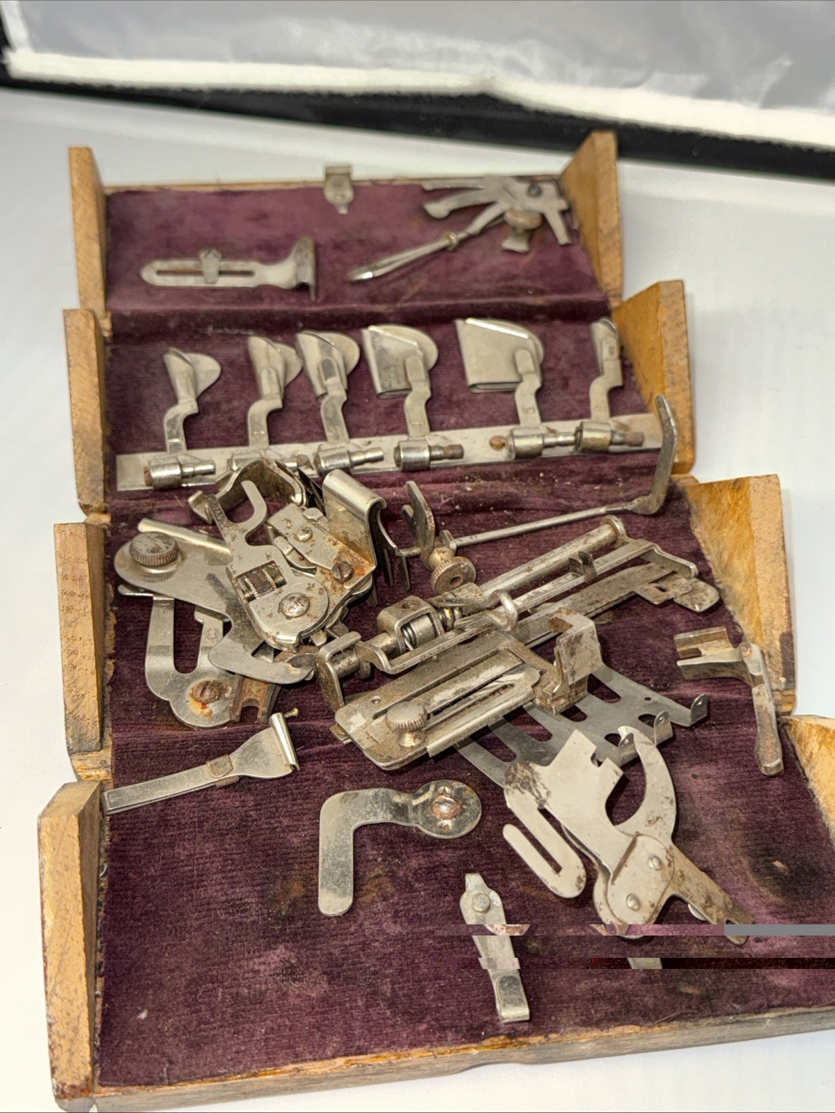 Antique Original Sewing Machine Attachments in Wooden Box Pre-1930 Collectible