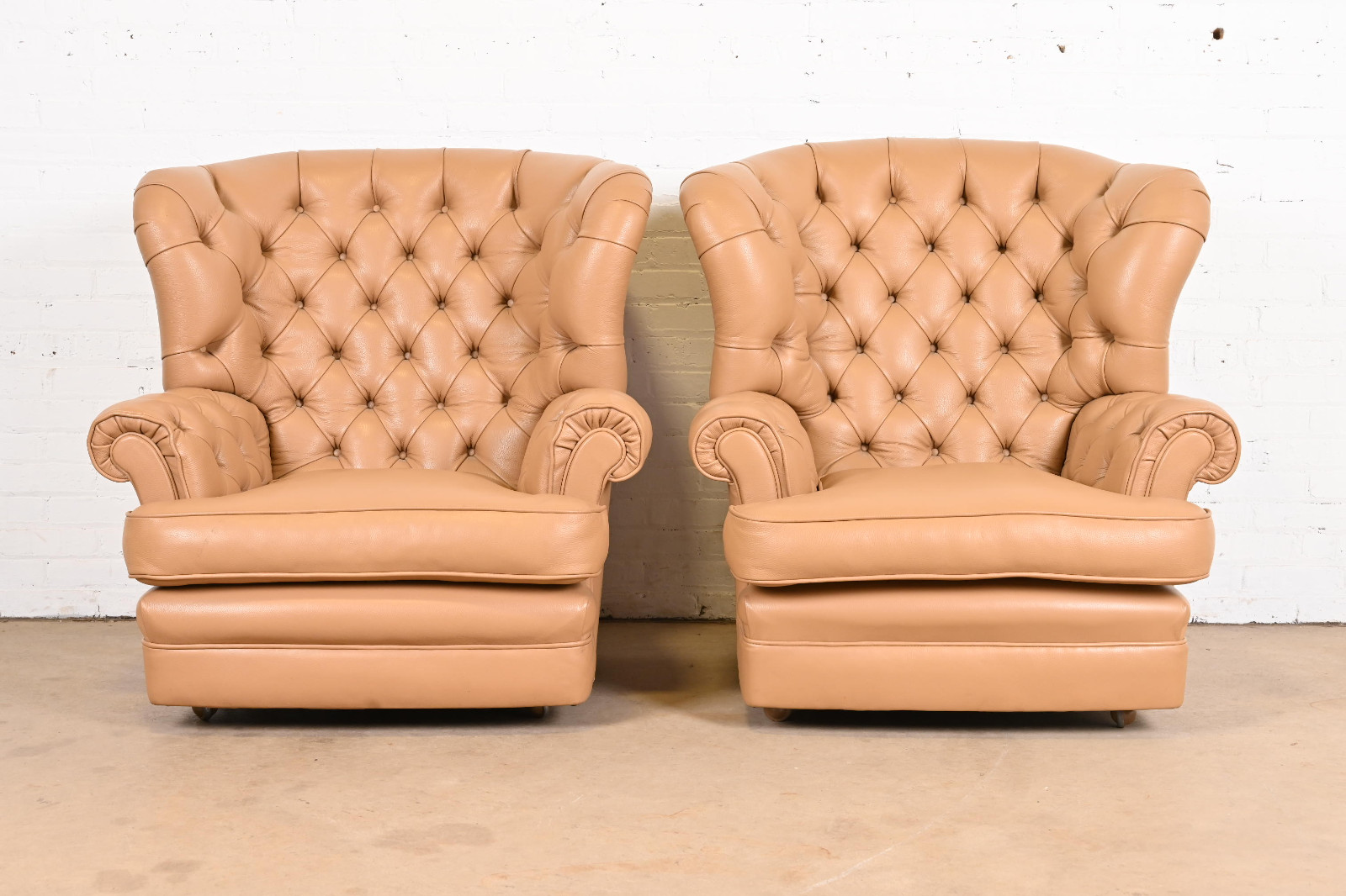 Vintage Tufted Leather Chesterfield Wingback Lounge Chairs, Pair