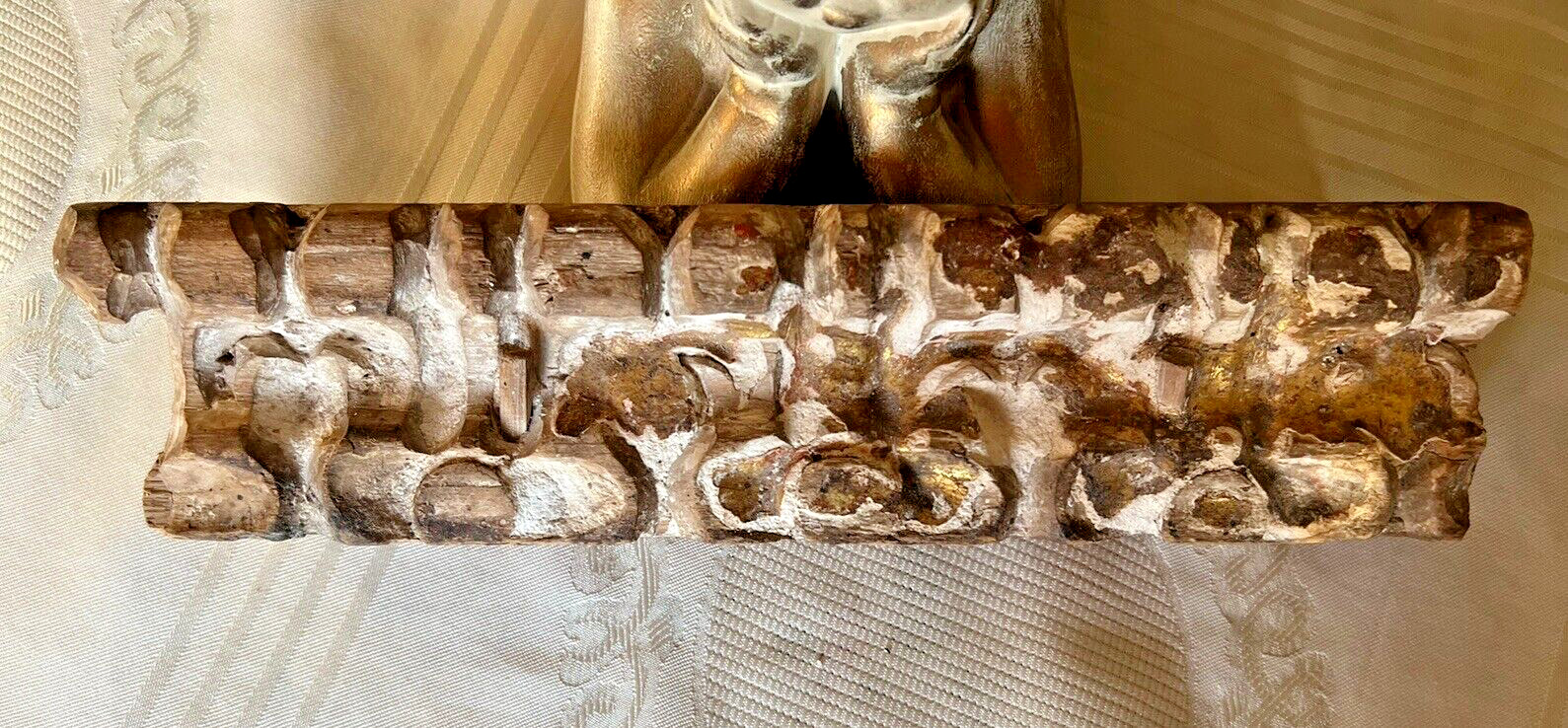 Antique 19th Century Carved Wooden Pediment With Faded Gilding On Gesso