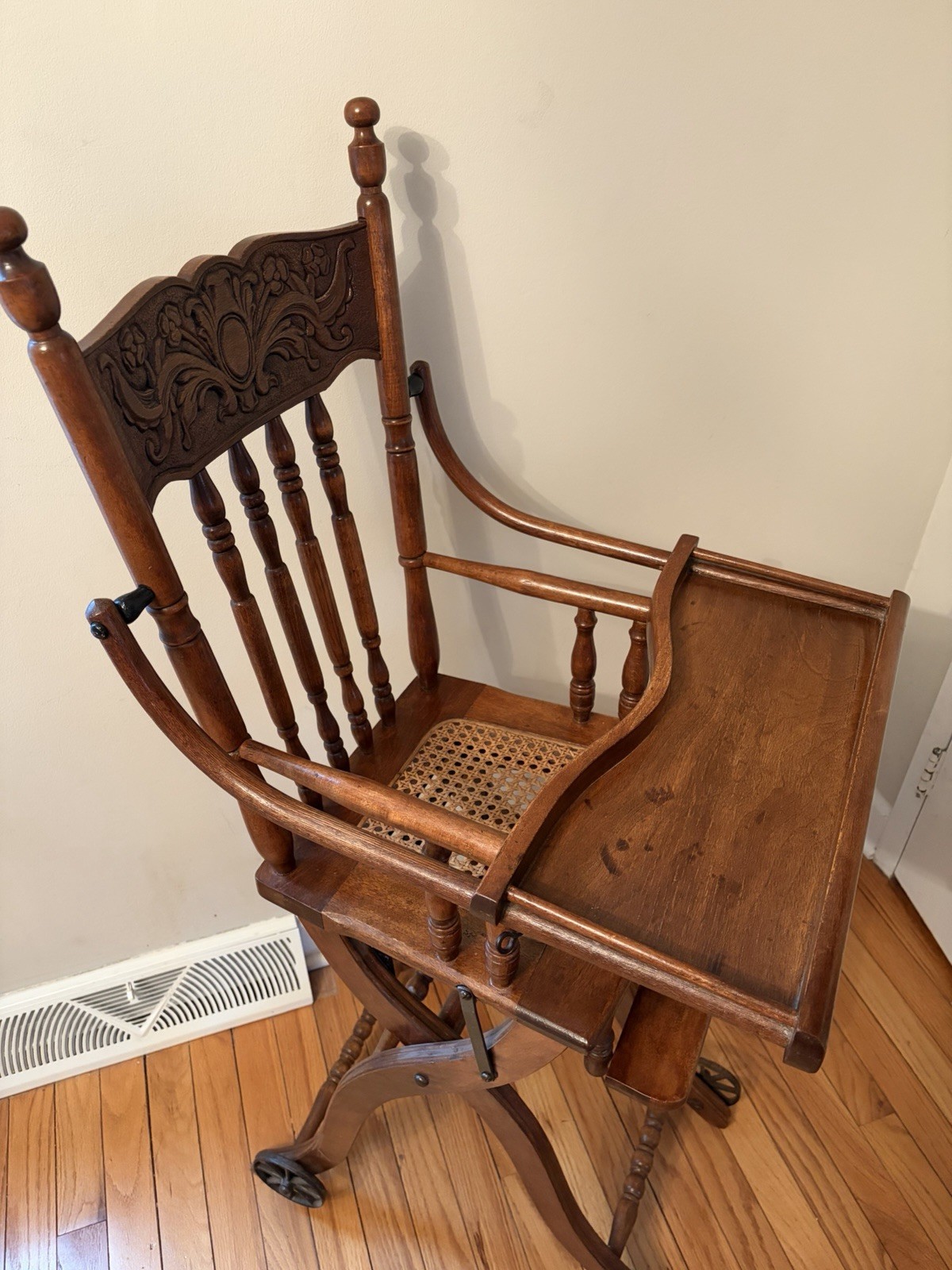 Antique Early 1900s Wood Cane Folding Adjustable High Chair Wheels LOCAL PICKUP