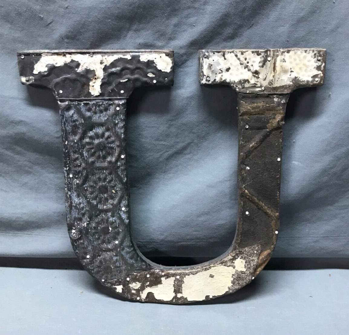 Decorative Salvage Tin Ceiling 12″ Patchwork Metal VTG Letter U Old 299-25B