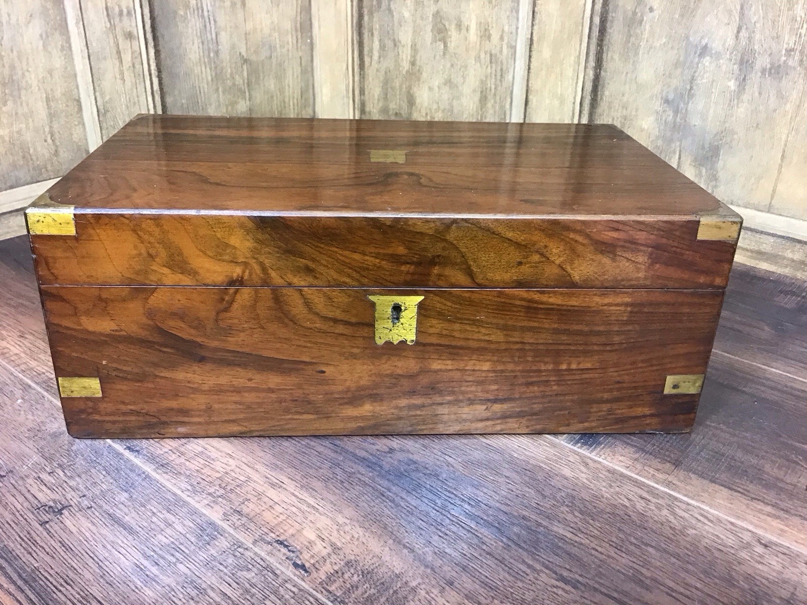ANTIQUE WALNUT WRITING SLOPE, BRASS BOUND CAMPAIGN TRAVEL DESK 19thC