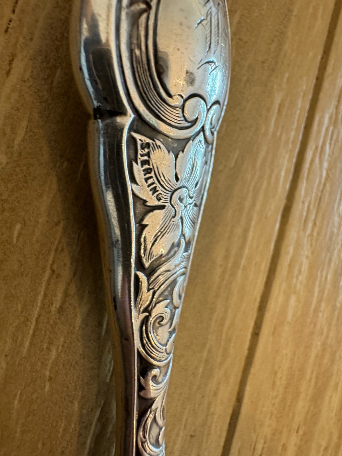 Antique Sterling Silver Handle Button Hook Engraved Floral Scrolling Design