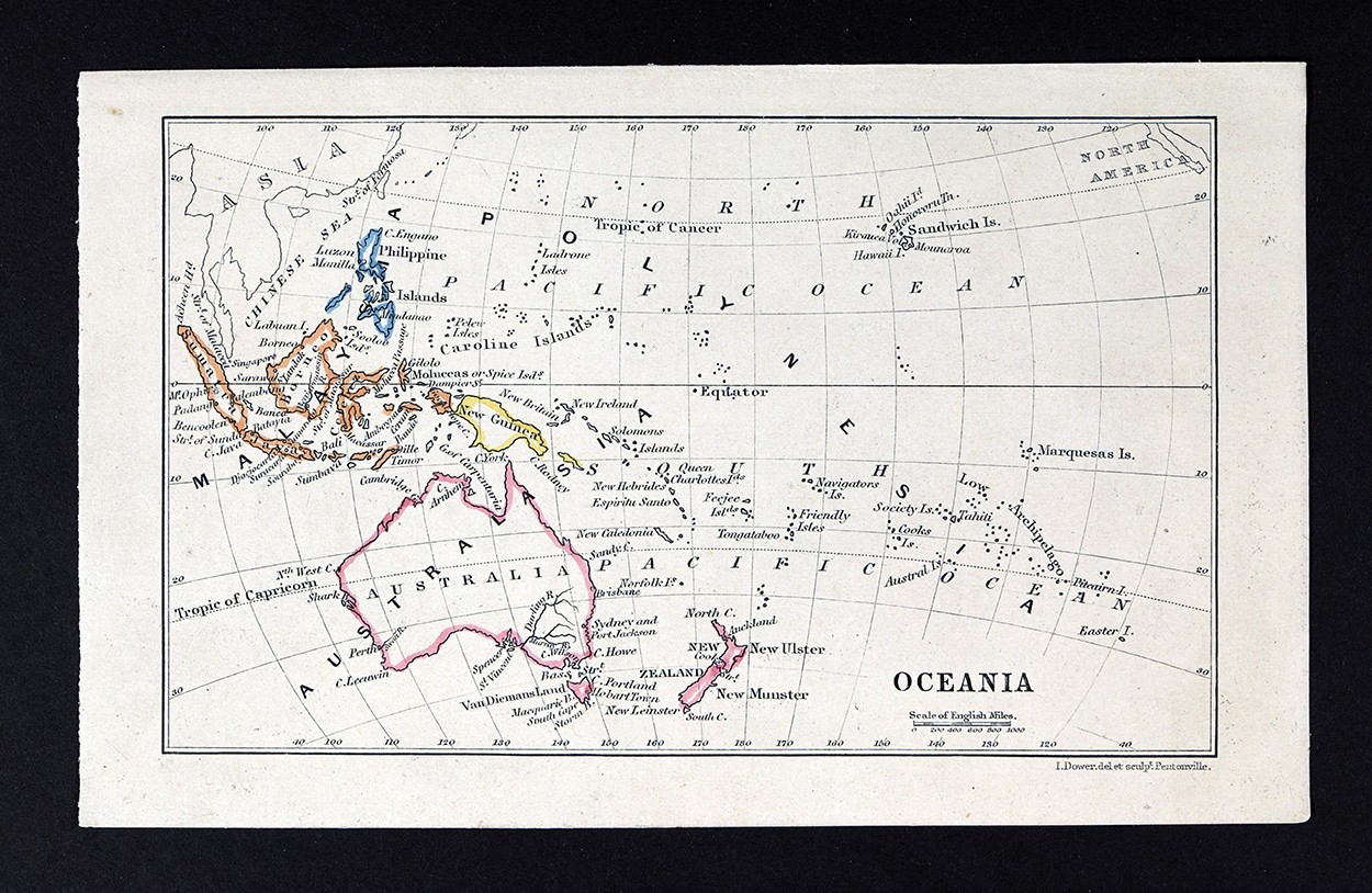 1863 Dower Map Oceania Australia New Zealand Hawaii Philippines Tahiti Pacific