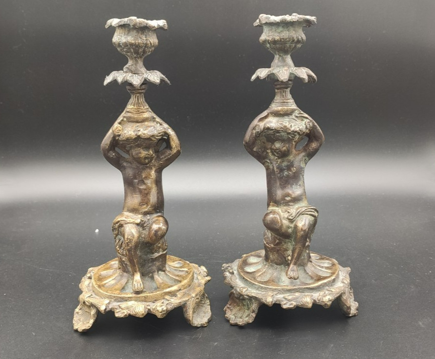 Antique Pair Of Bronze Cherub/Putti Candlesticks Baroque/Rococo Revival Style