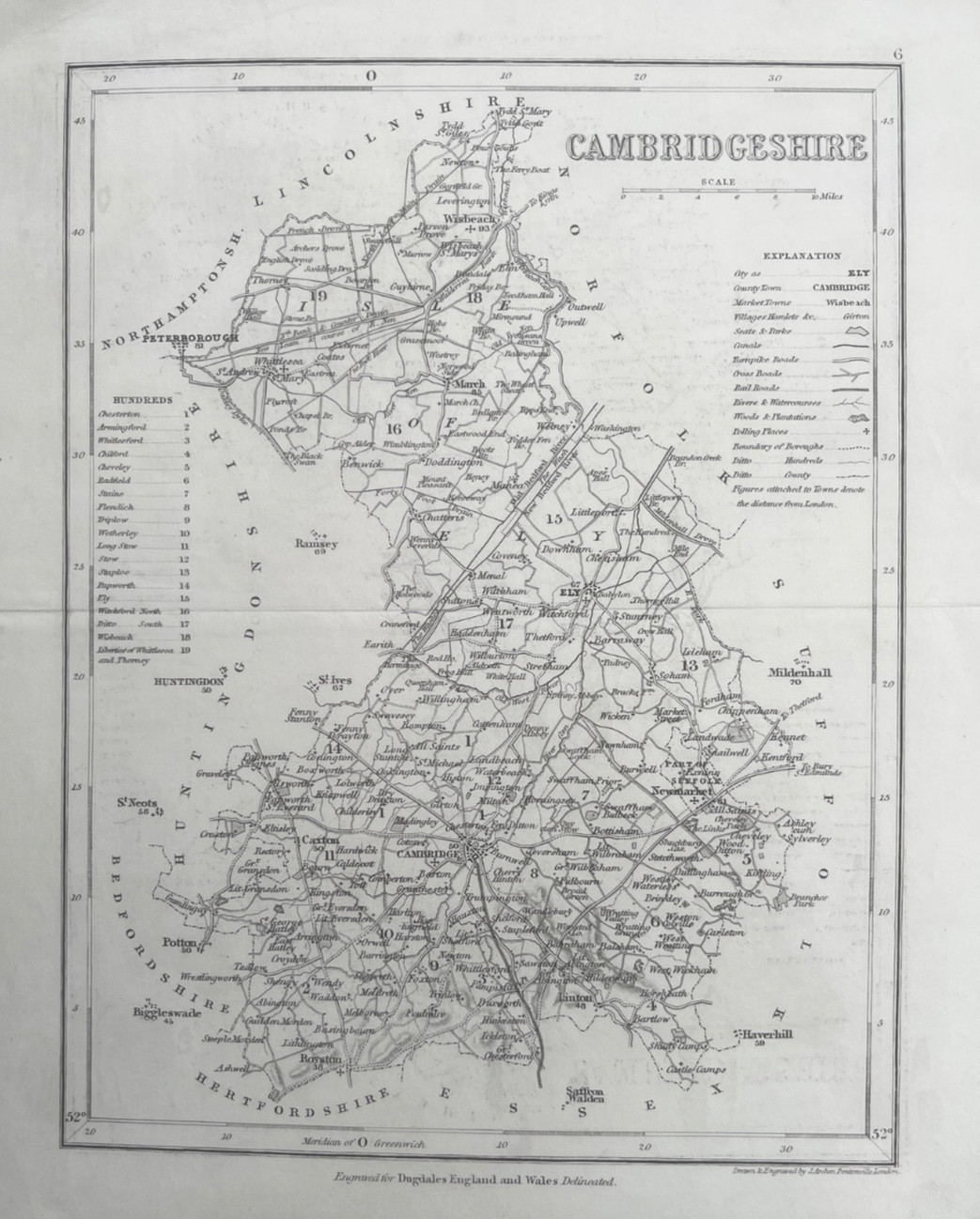1850 Antique Map; Cambridgeshire by Joshua Archer