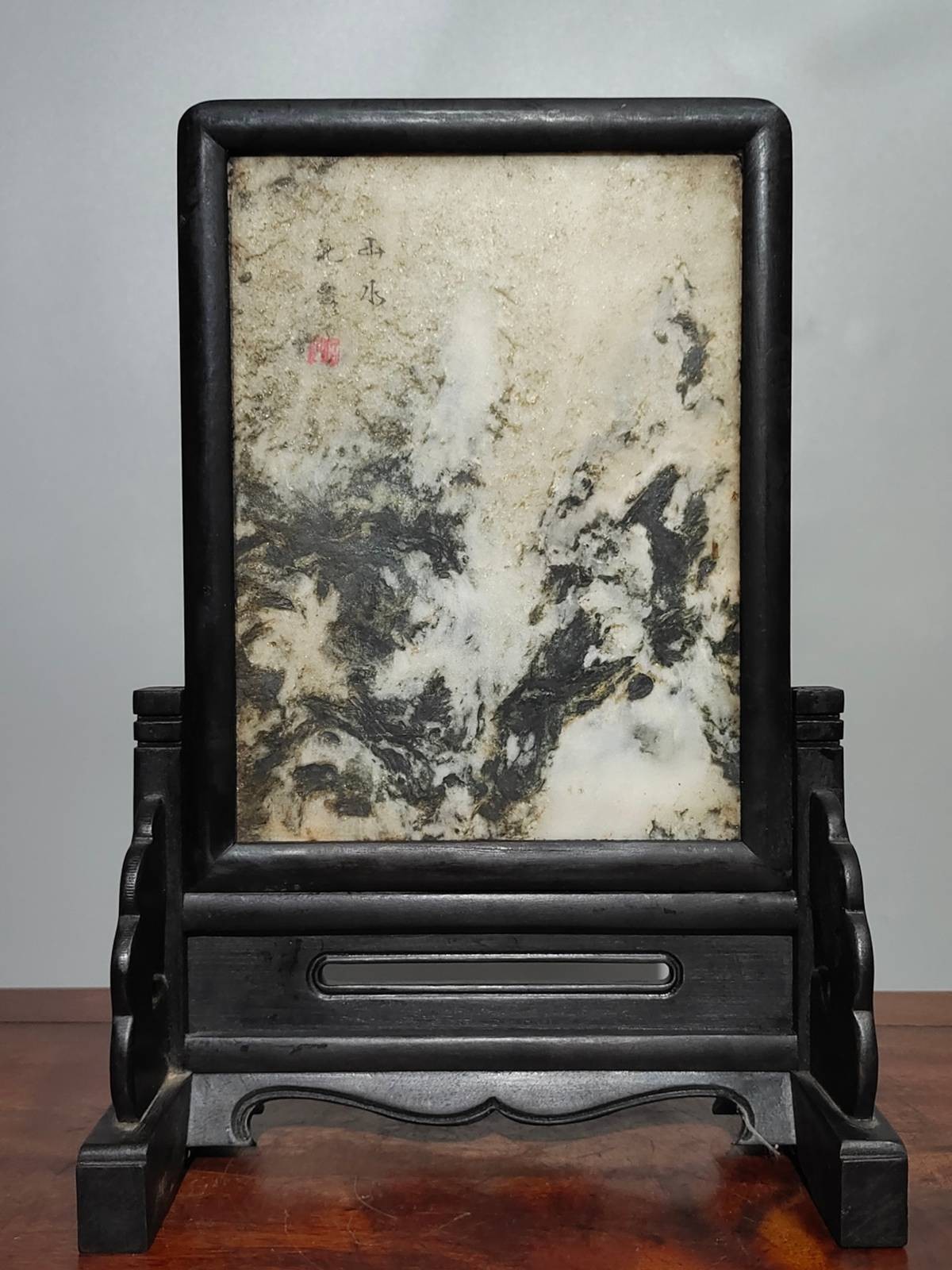 Chinese Natural Ebony Inlaid Marble Handmade Exquisite Table Screen【山水流雲】7118