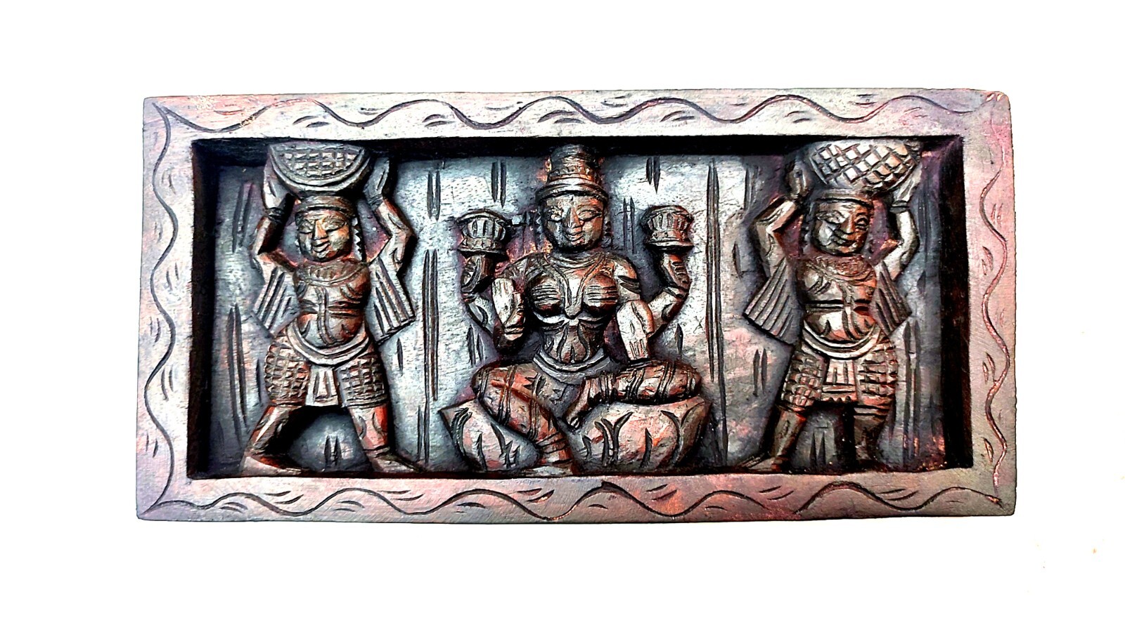 Hindu goddess Lekshmi with two Demi Gods Wooden Finish Deep Hand Carved Panel