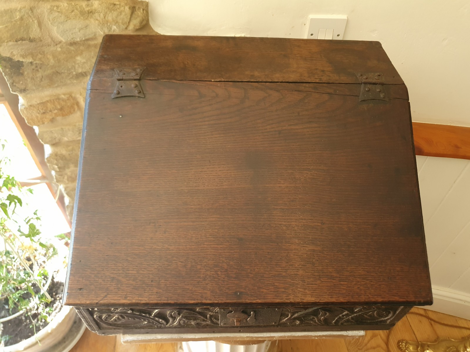 Antique 17th century & later carved oak bible box slope lock & key 3 drawers