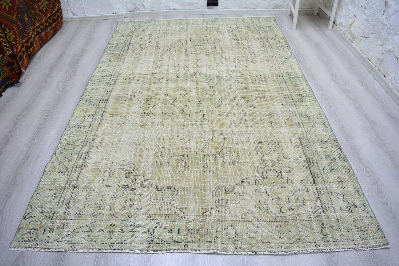 Vintage Beige Oriental Rug, 5.4×8.6ft, Antique Turkish Turquoise Handmade Rug,