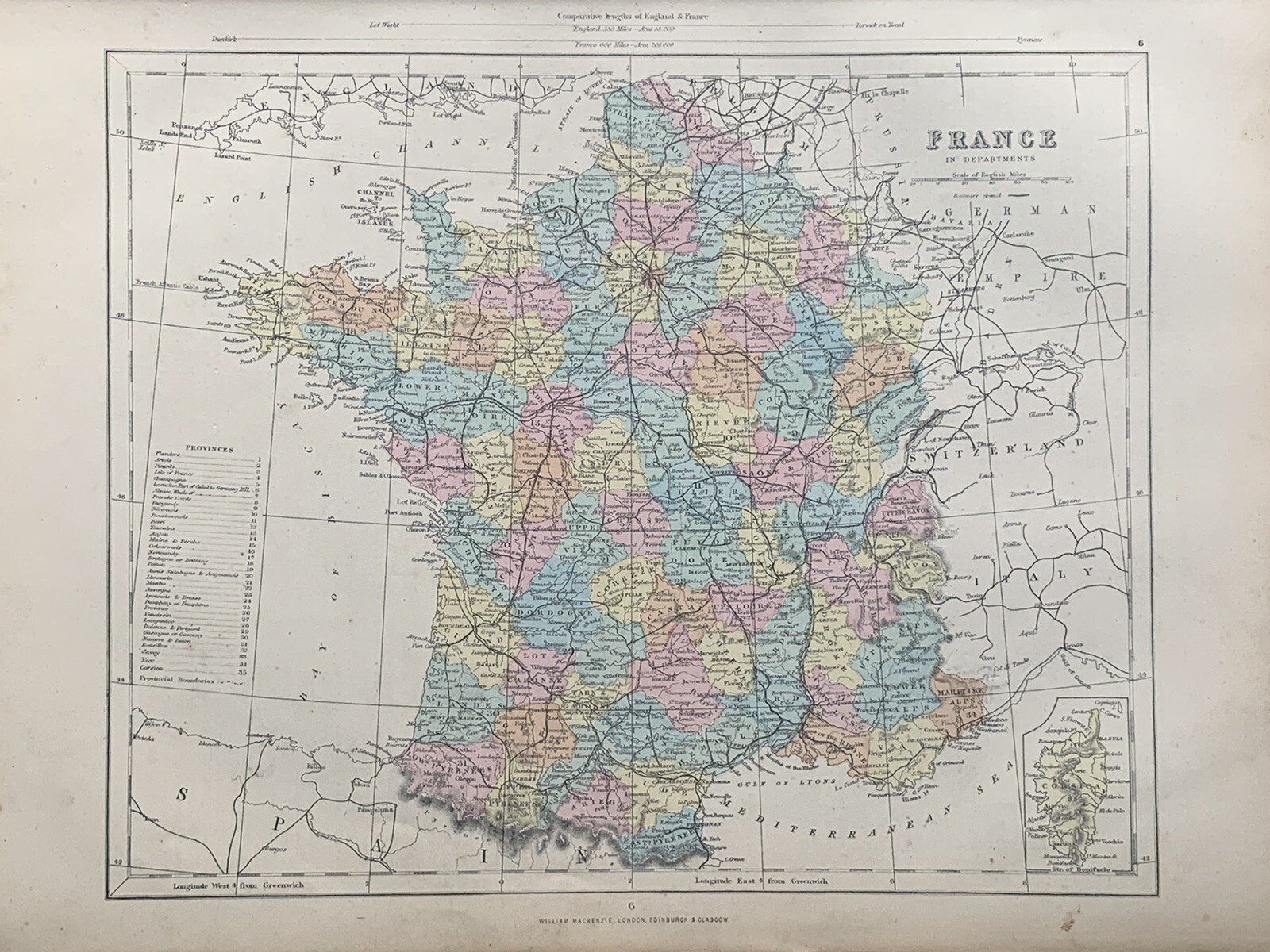 1871 France Fully Hand Coloured Original Antique Map by Joshua Archer