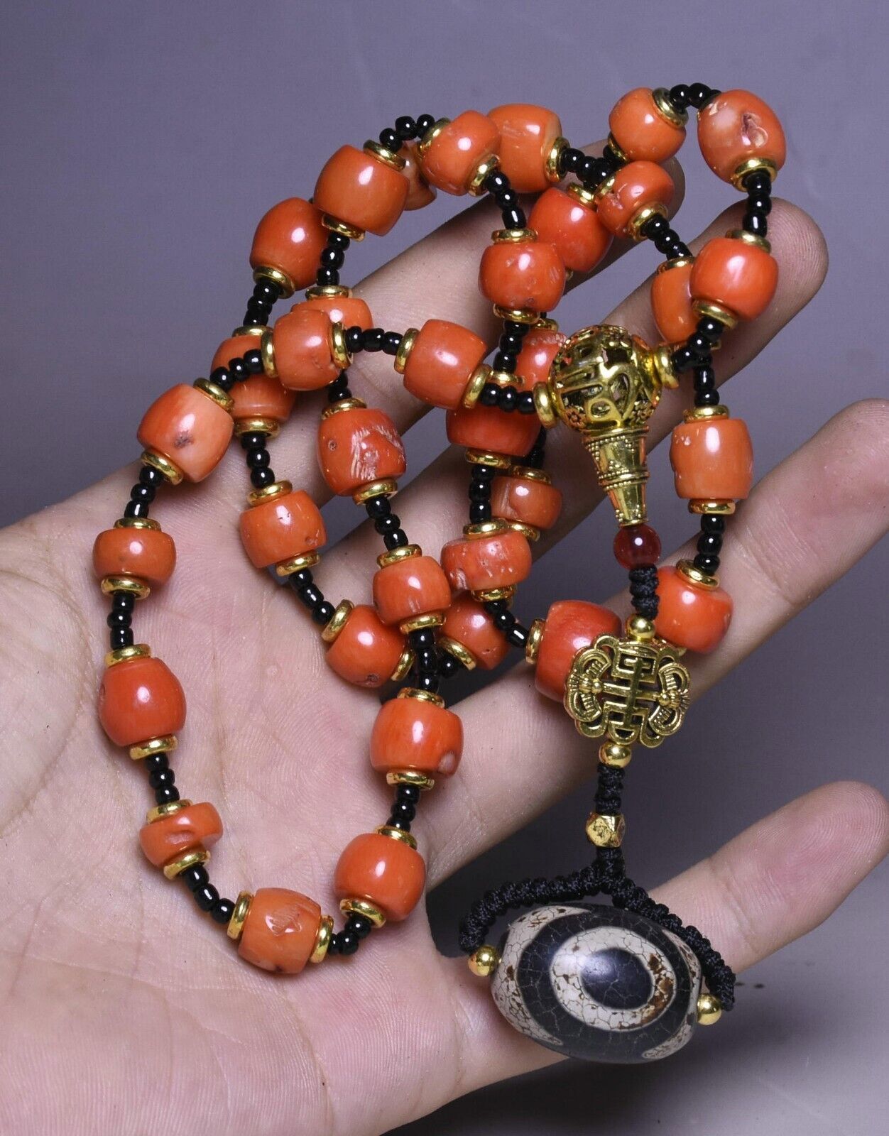 39CM Old Tibet Natural Red Jade Agate Bronze Gilt Dzi Beads Amulet Necklace