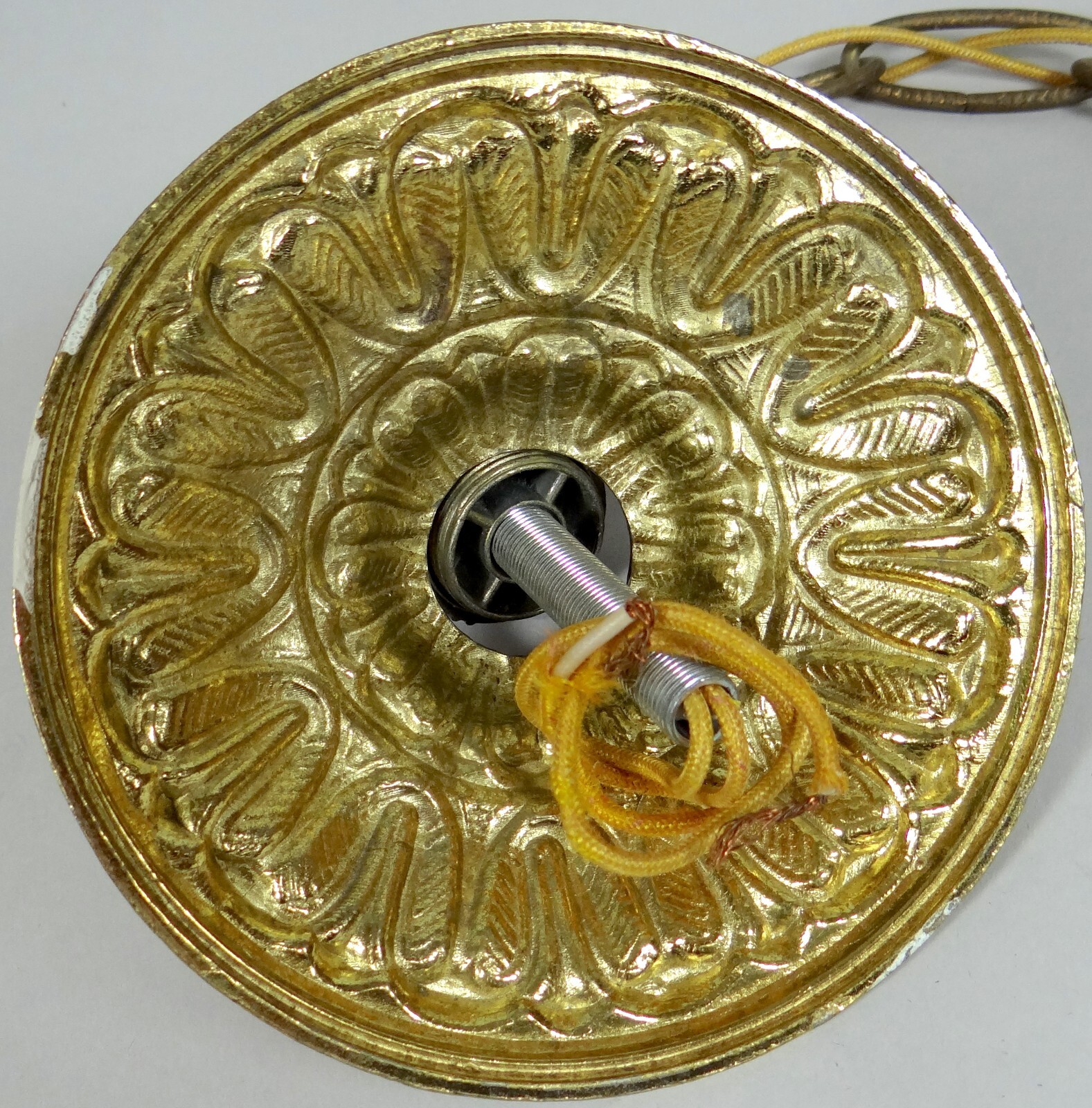 Antique Vtg Ceiling Light Fixture Pendant Chain Lamp 2 Bulb Sculpted Brass 15 in