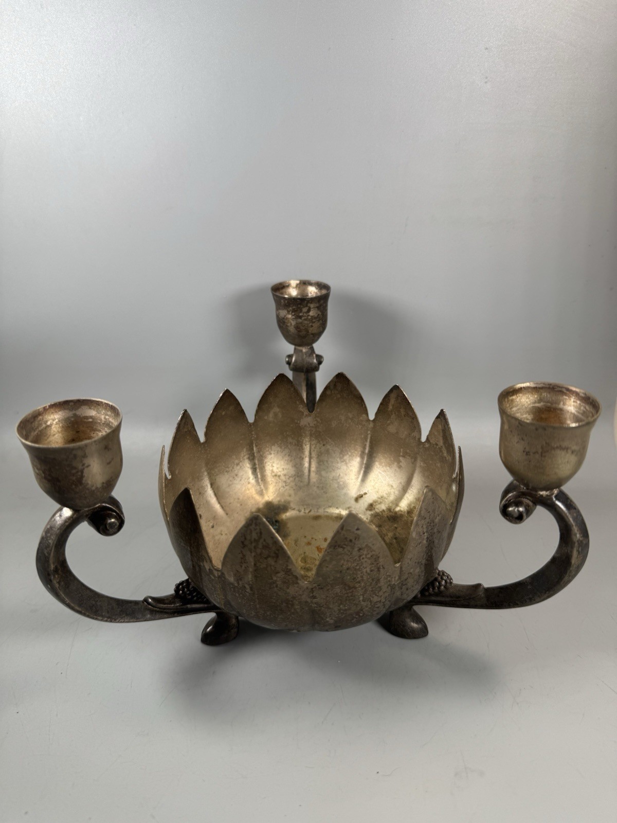 Vintage Leonard Silverplate Lotus Bowl 3 Candle Holder Centerpiece