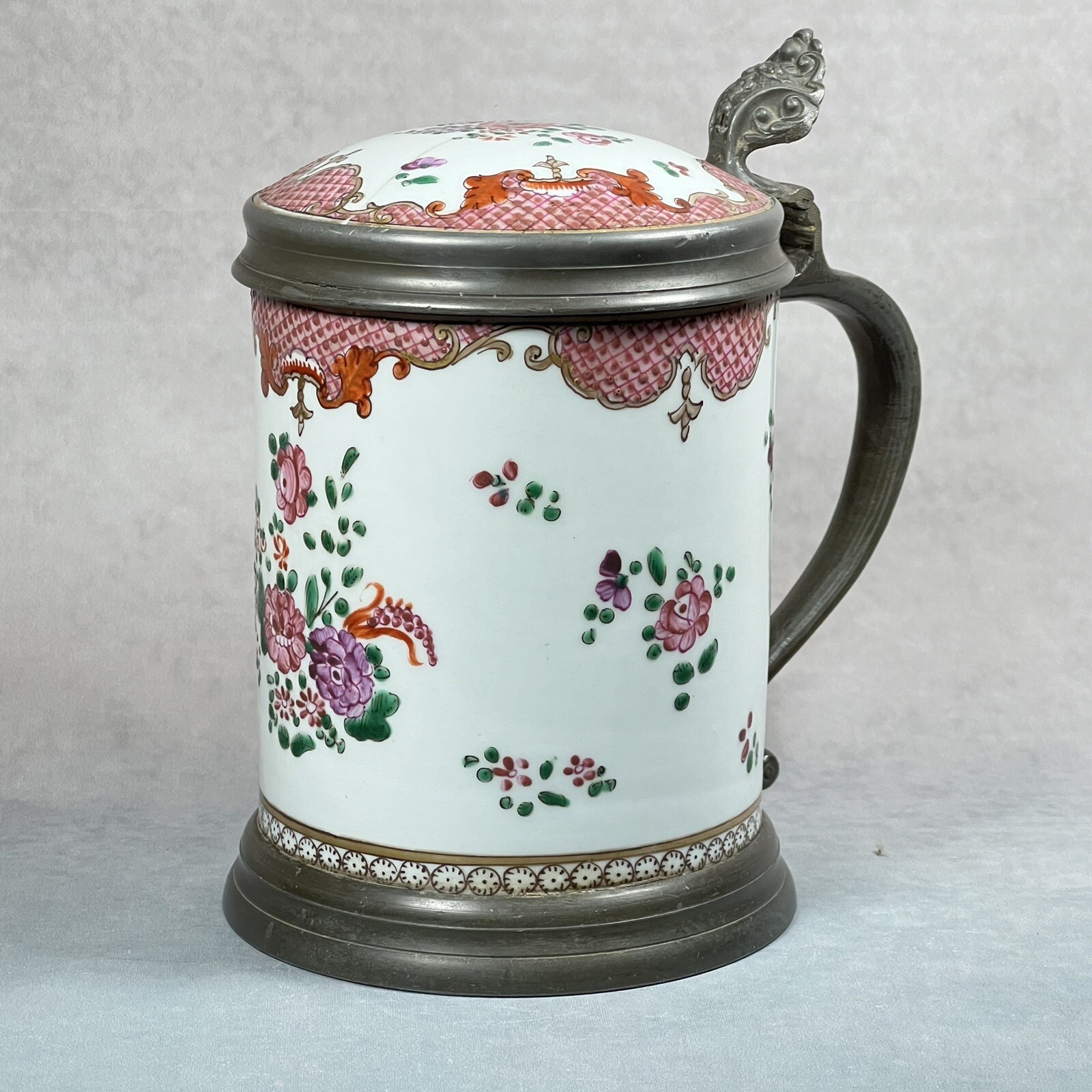 C1780 Chinese Qianlong Period Famille Rose Tankard & Cover with Pewter Mounts
