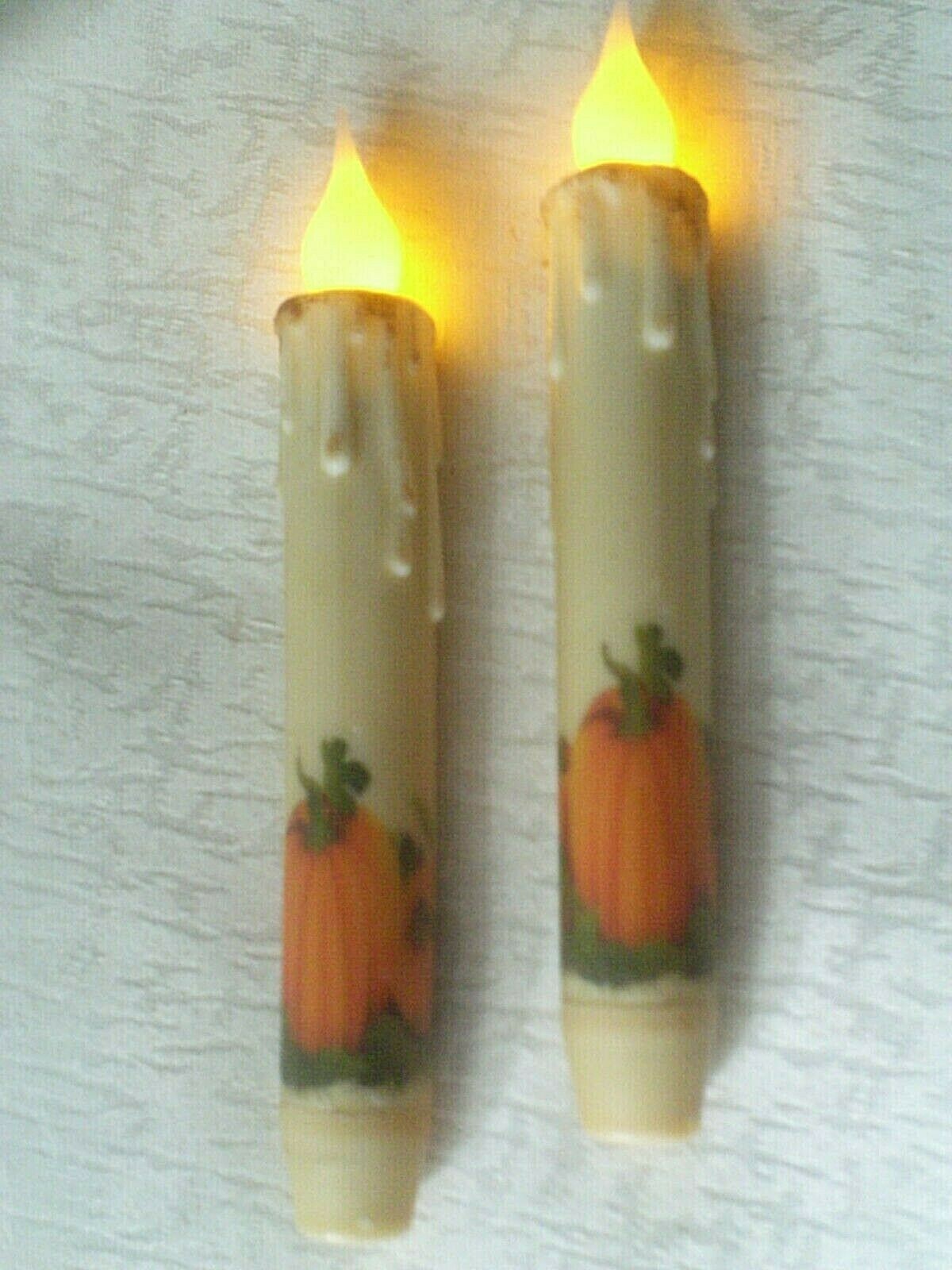 NEW PUMPKIN LED TIMER CANDLES WRAP DESIGN Taper 2pc Grungy 6 3/4″ Halloween Fall