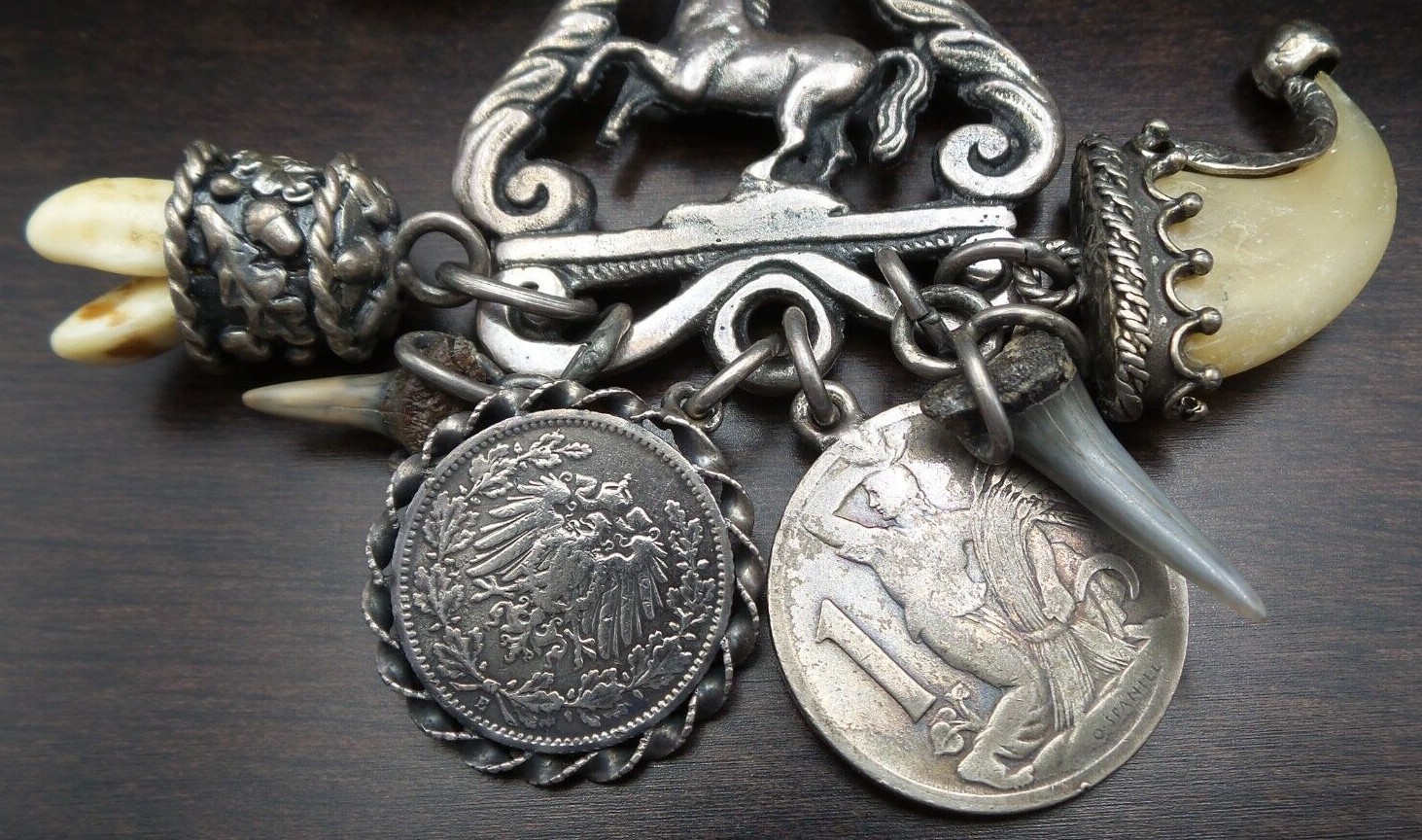 Great Antique Alpine Italian/Austrian 800 Silver & Coin Belt Key or Purse Chain