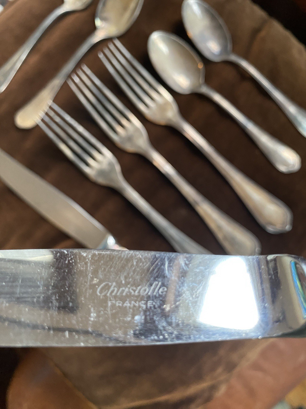 CHRISTOFLE SPATOURS FLATWARE SILVERPLATE 9 PCS Silver France Fork, Knife, Spoon