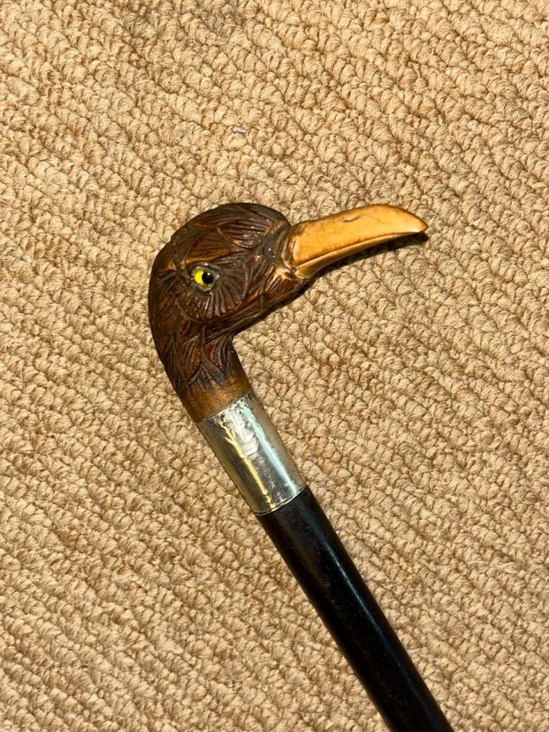 Antique Walking Stick Cane – Hand-Carved Bird Handle & Hallmarked 1916 Silver