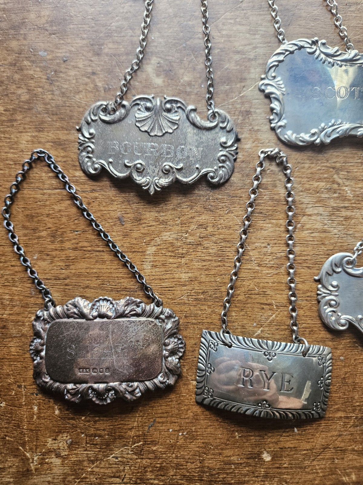 5 Vintage Sterling Silver Liquor Decanter Tags R&K Williamsburg Restoration