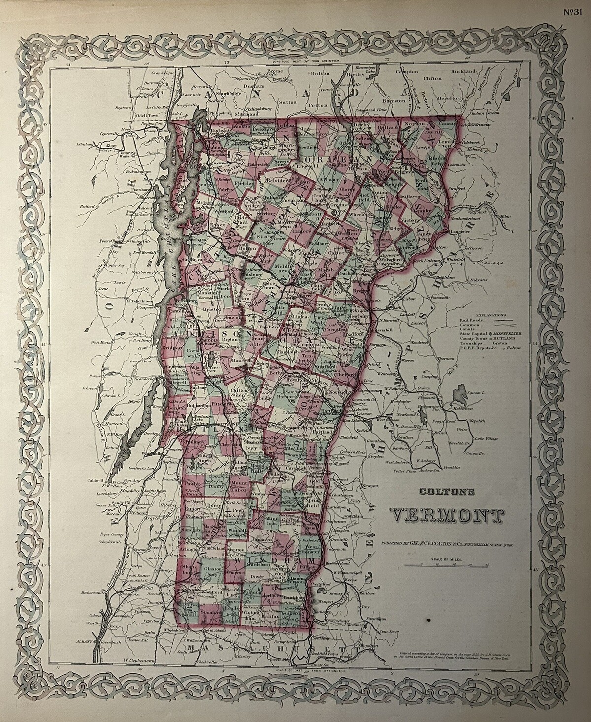 1870 Colton’s Vermont Hand Coloured Original Antique Map 17″ x 14″