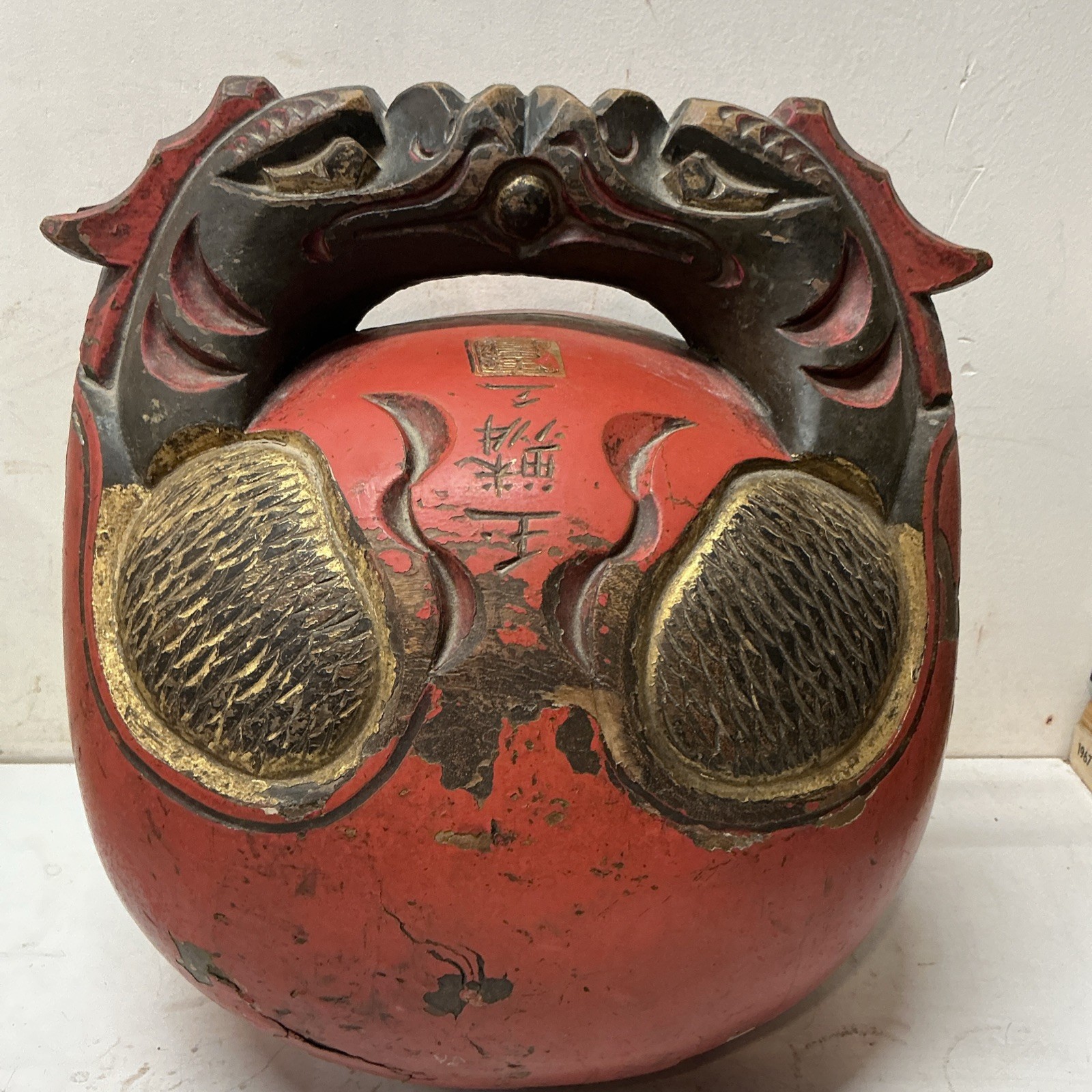 Large Antique Japanese Buddhist Mokugyo Temple Wood Block Dragon Head Handle 15”