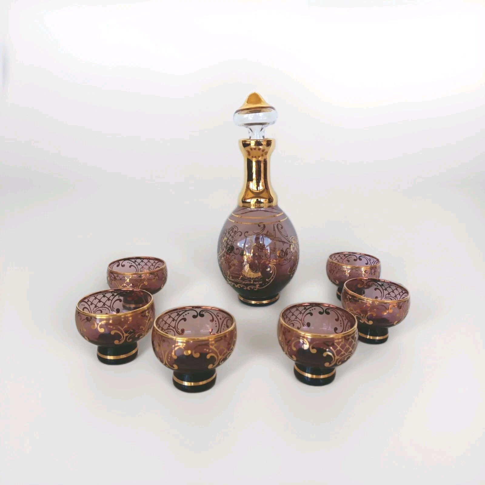 Murano Glass Venezia Hand-Blown Amethyst Decanter with 24K Gold Leaf Signed