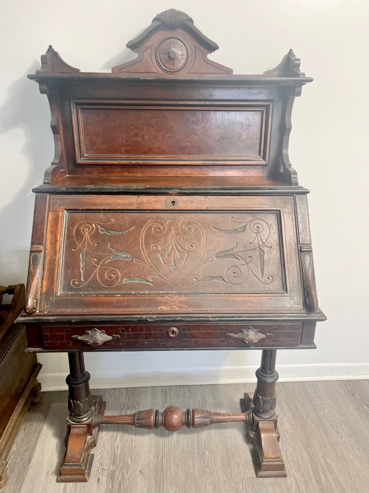 Antique Solid Wood Victorian Drop Front Desk G.Bayer 1872
