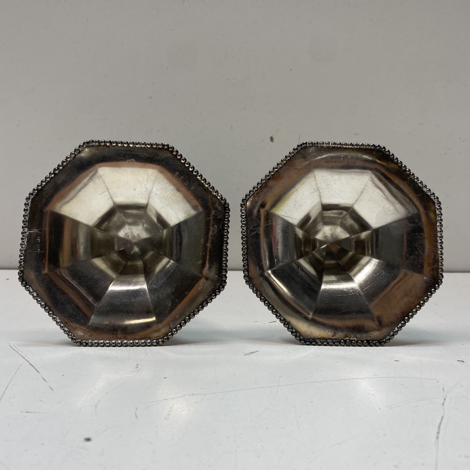 Victor Silver Co Silver Plate Candlesticks 2pc Set Beaded Hexagonal Base 2513