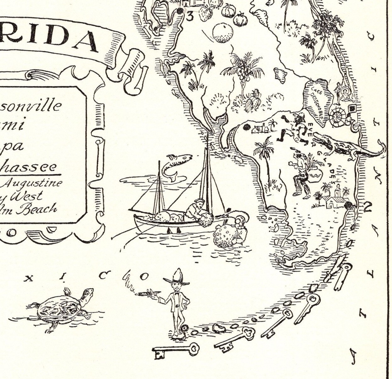 1950s Vintage Florida State Map Animated Florida Picture Map BW 2478
