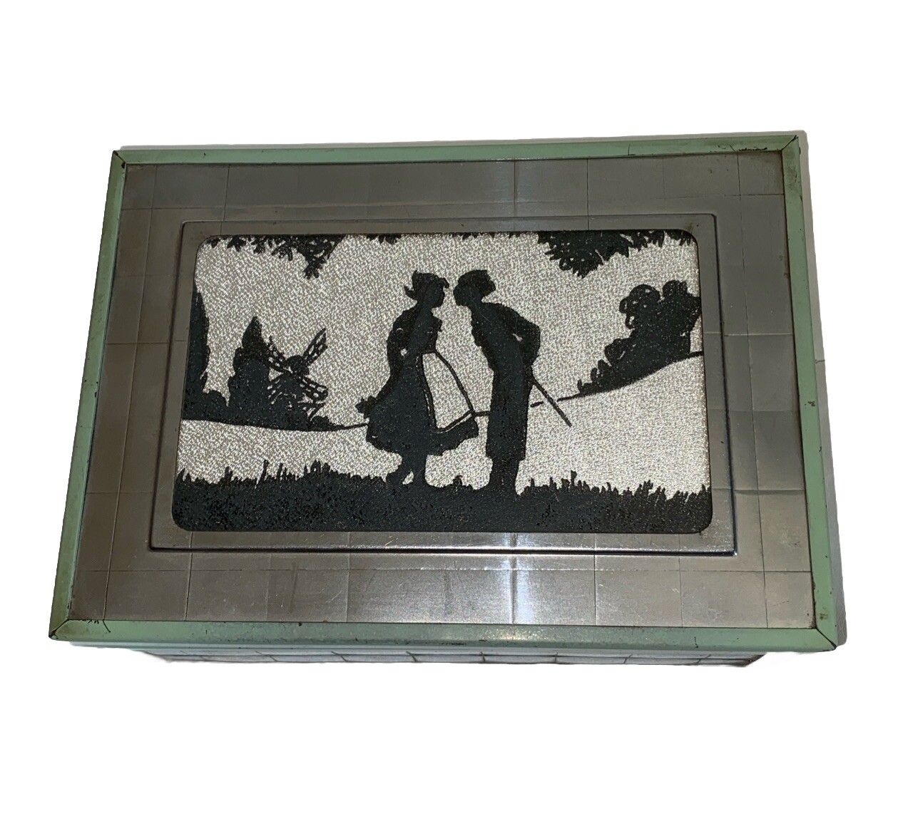 ART DECO CHROMIUM DRESSER JEWELRY BOX SILHOUETTE GREEN METAL WOOD INTERIOR 1920s