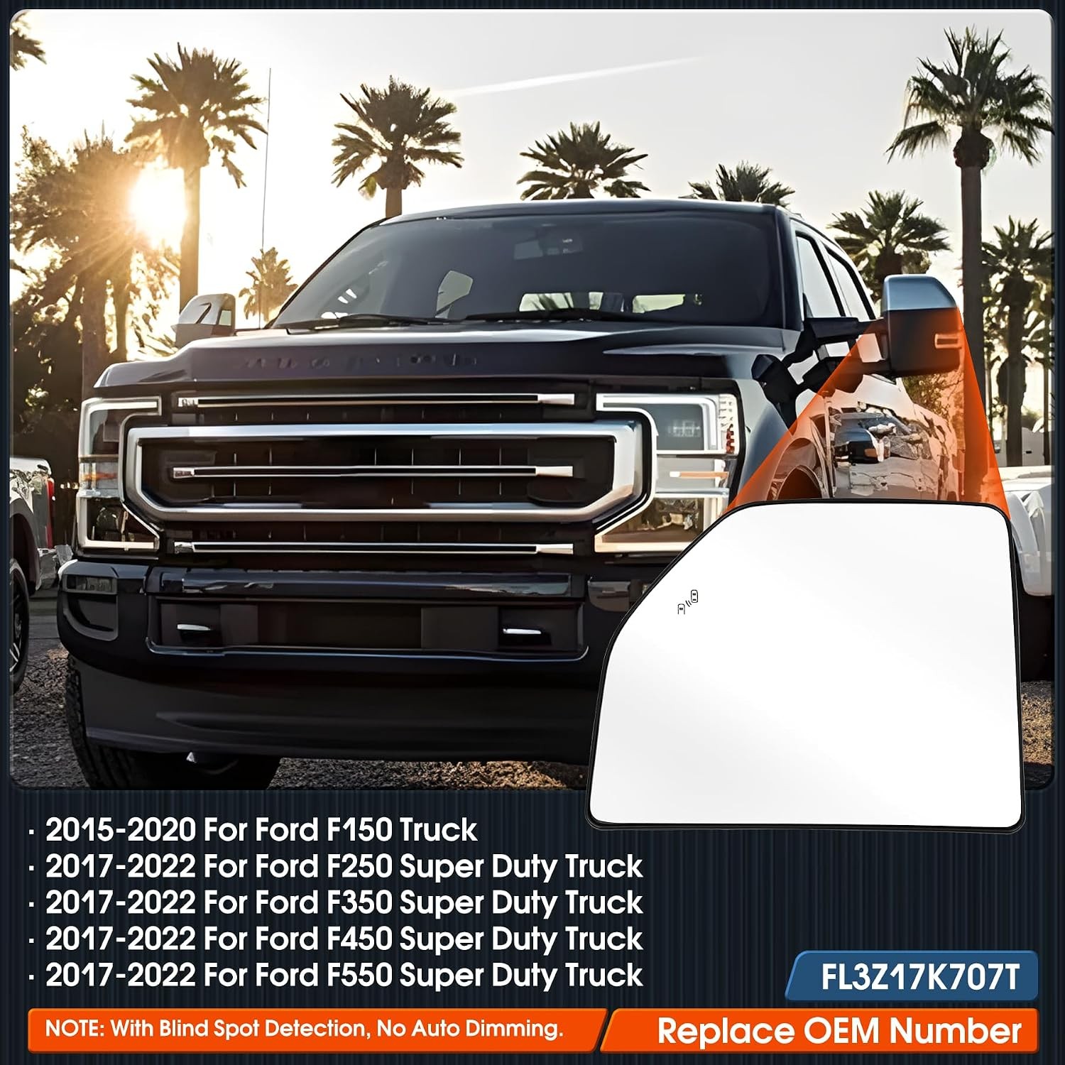 Driver Side Upper Mirror Glass for 2015-2020 Ford F150 2017-2022 F250 F350 F450