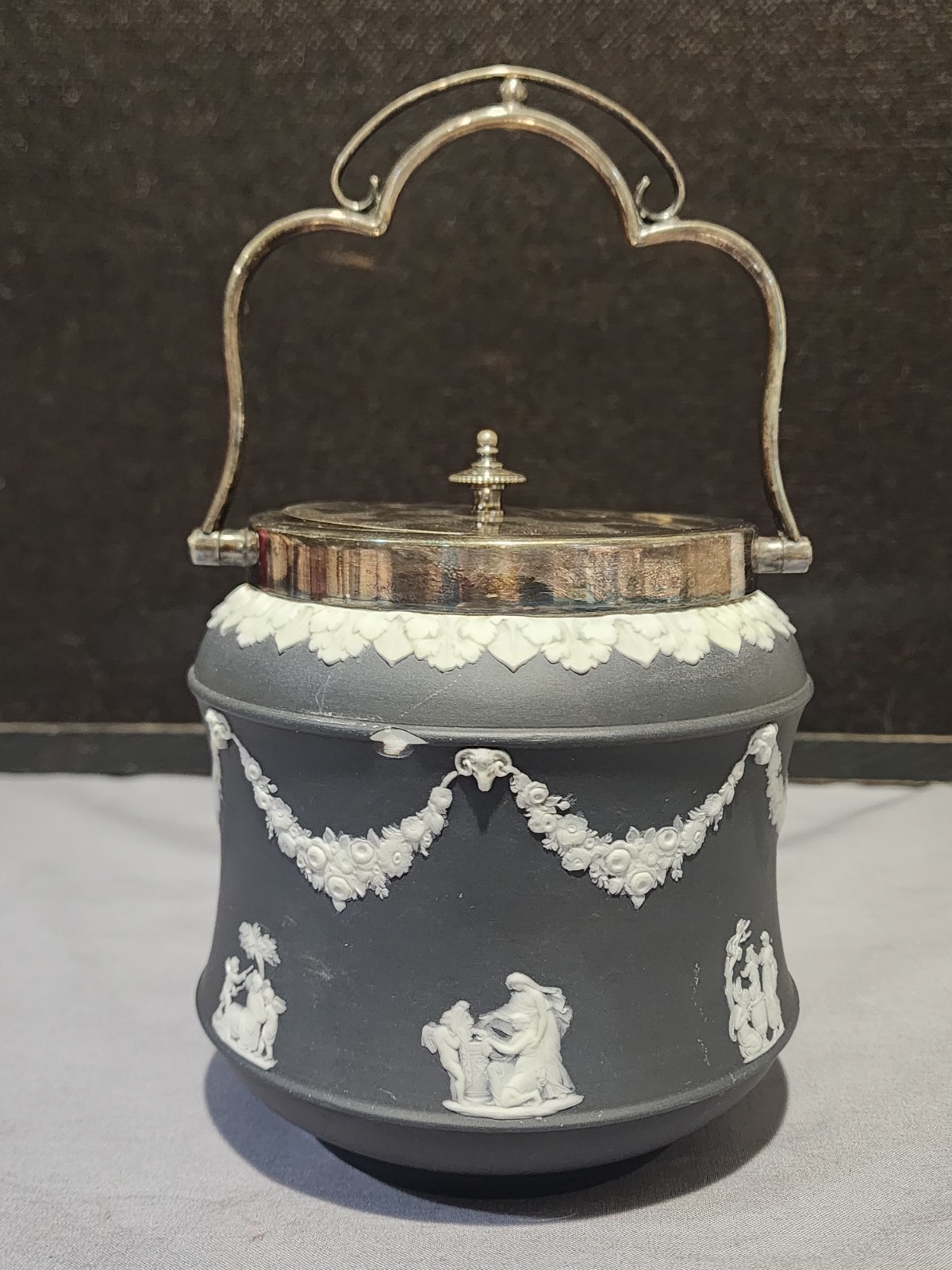 Antique Wedgwood Black Jasperware Rare Corset Shape Biscuit Jar Silverplate Lid