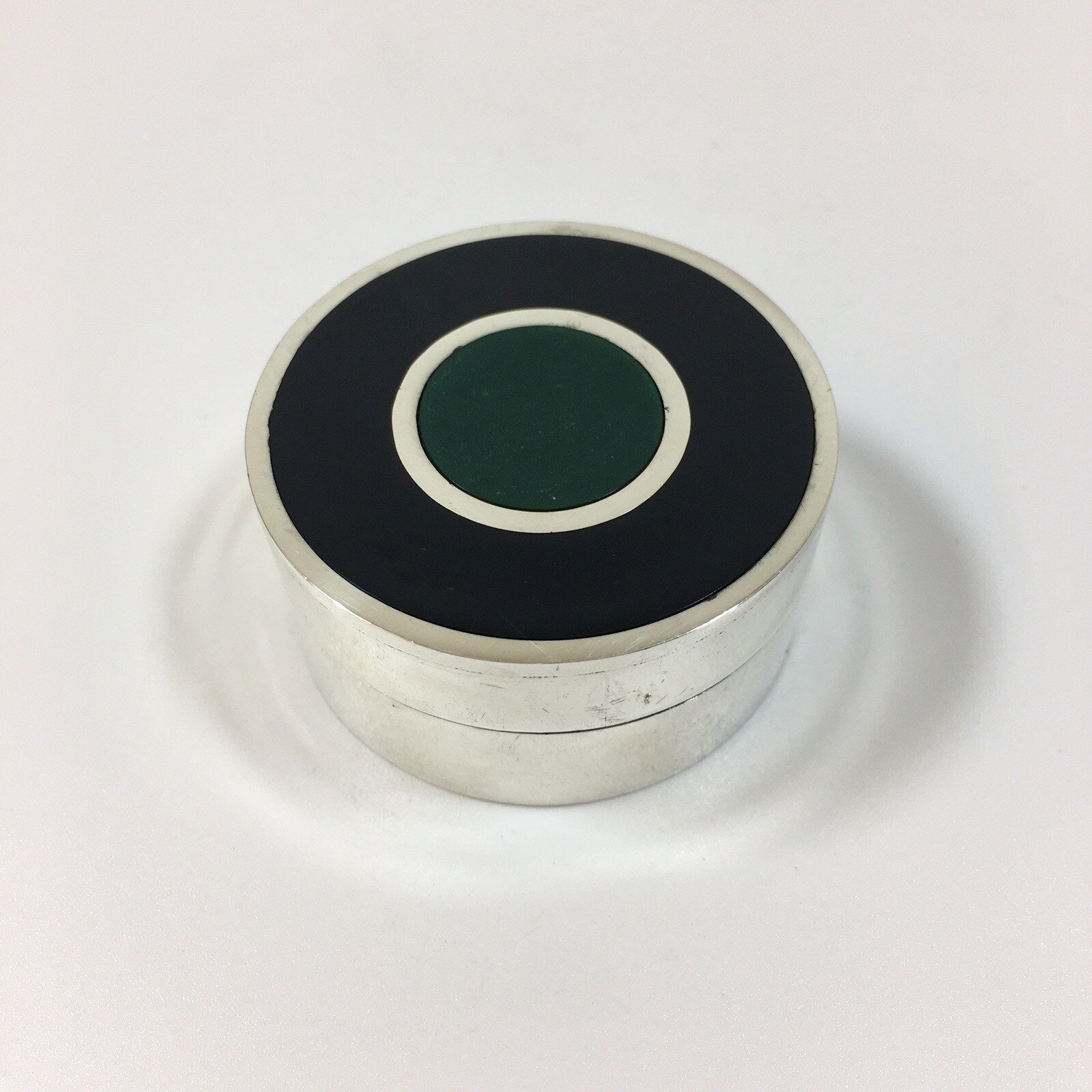 Vintage 1976 Sterling Silver Round Box Set With Probably Black & Green Onyx