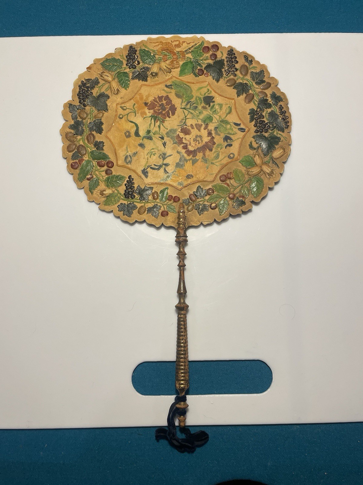 Antique Victorian Papier Mache Face Screen Fan 17X10.5 Wood Handle
