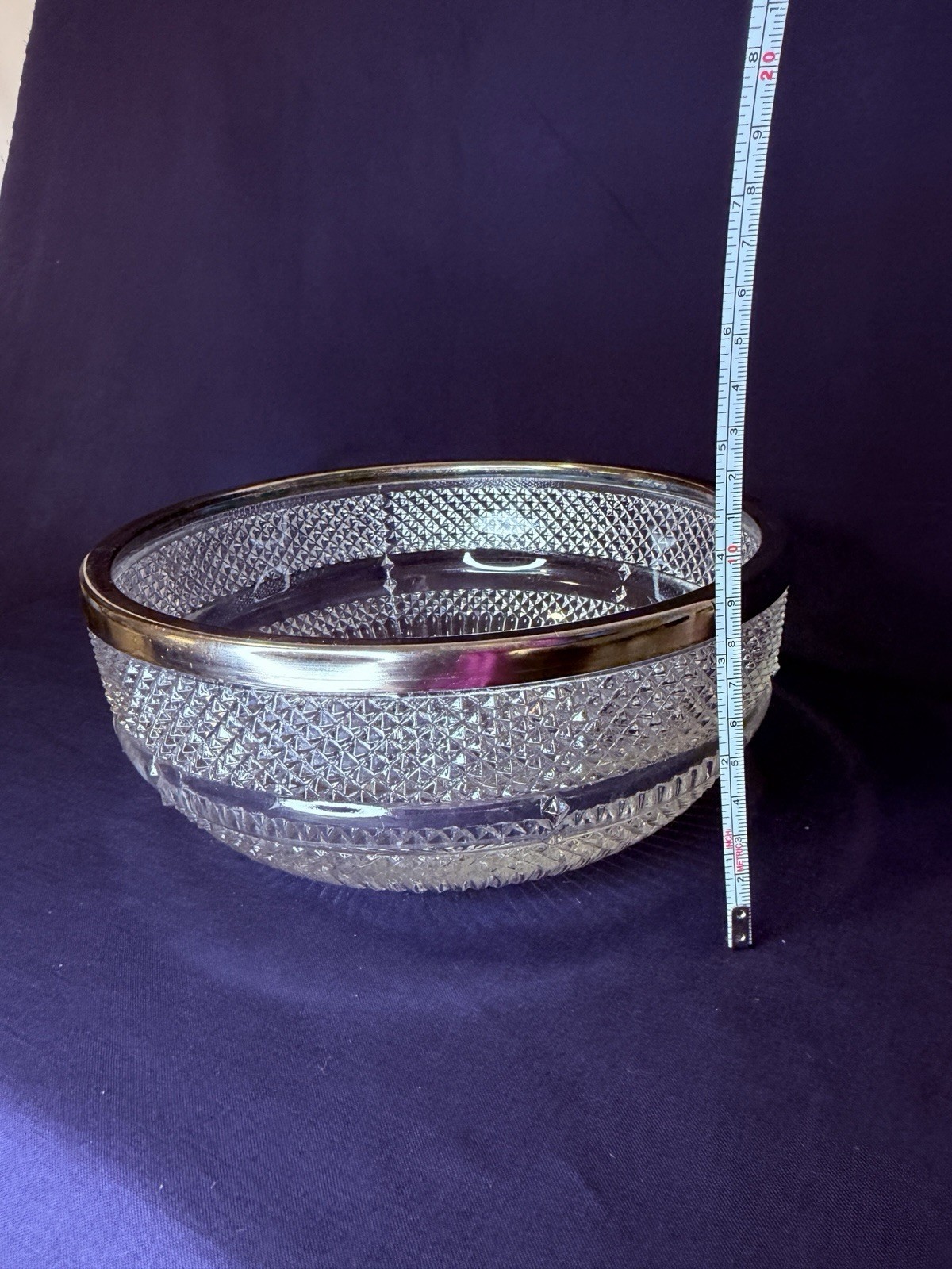 Vintage Falstaff Silverplate Rim Large Pressed Glass Bowl 8.5”D. x 3.5”H