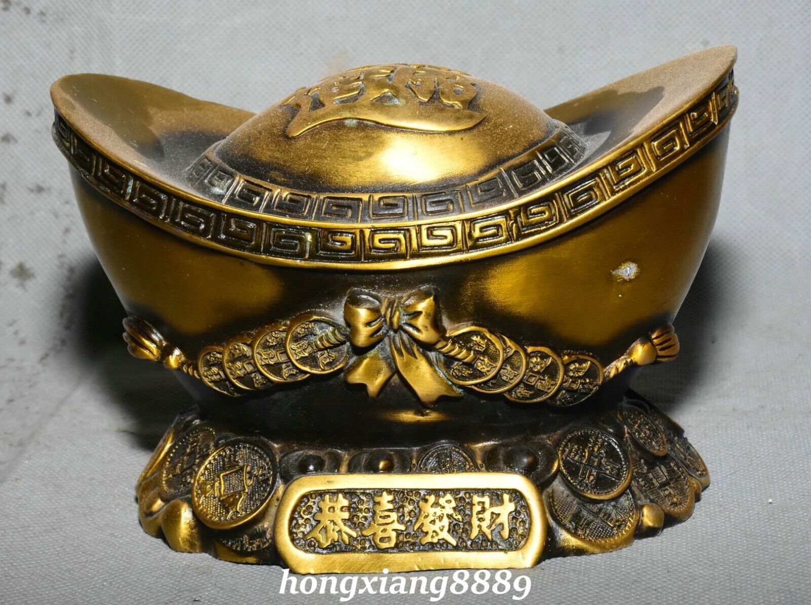 15CM Old China Pure Bronze Gild Fengshui Wealth Money Coin Yuanbao Ingots Statue