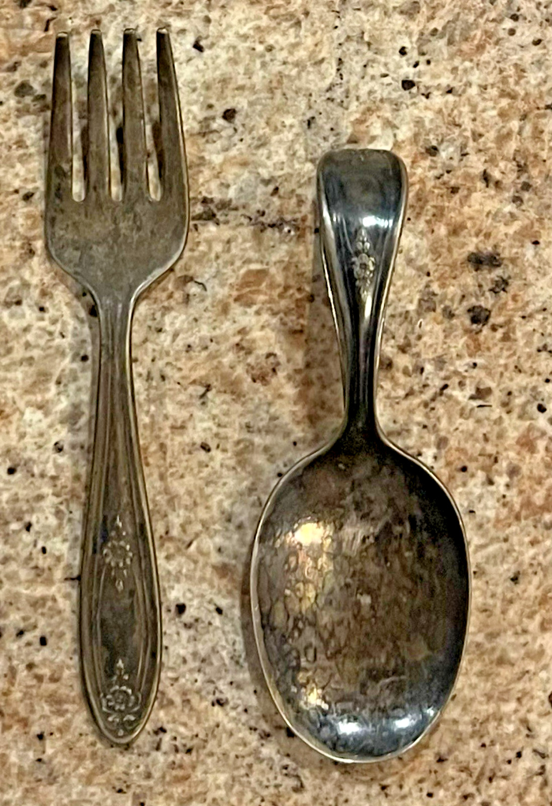 1930’s (“Oneida, Ltd. 1881 Rogers”) Silver Plate Baby Fork & Curled Spoon-Floral