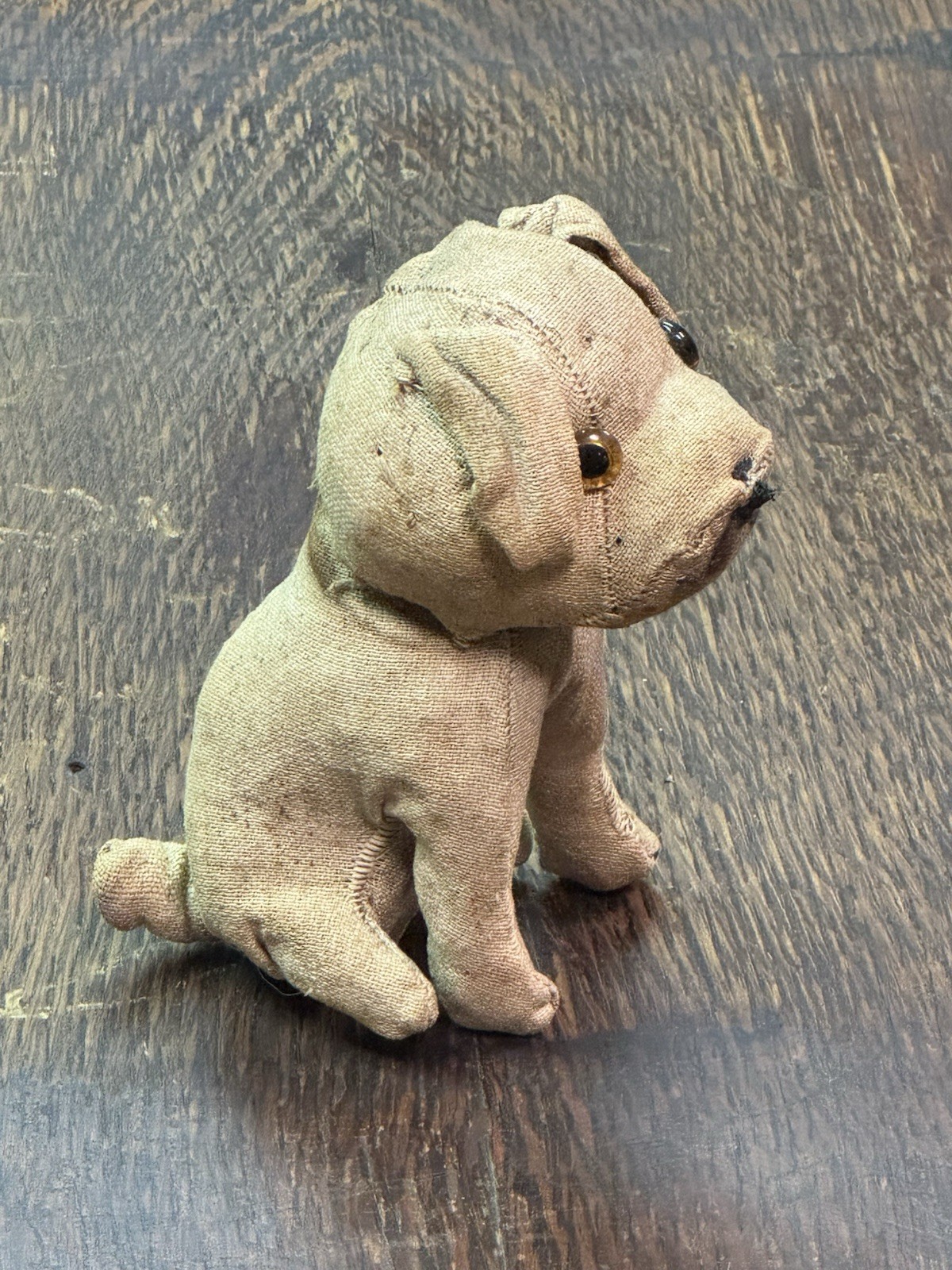 Antique Depression Era, Feed Sack Stuffed Toy Dog, Hand Sewn Rustic