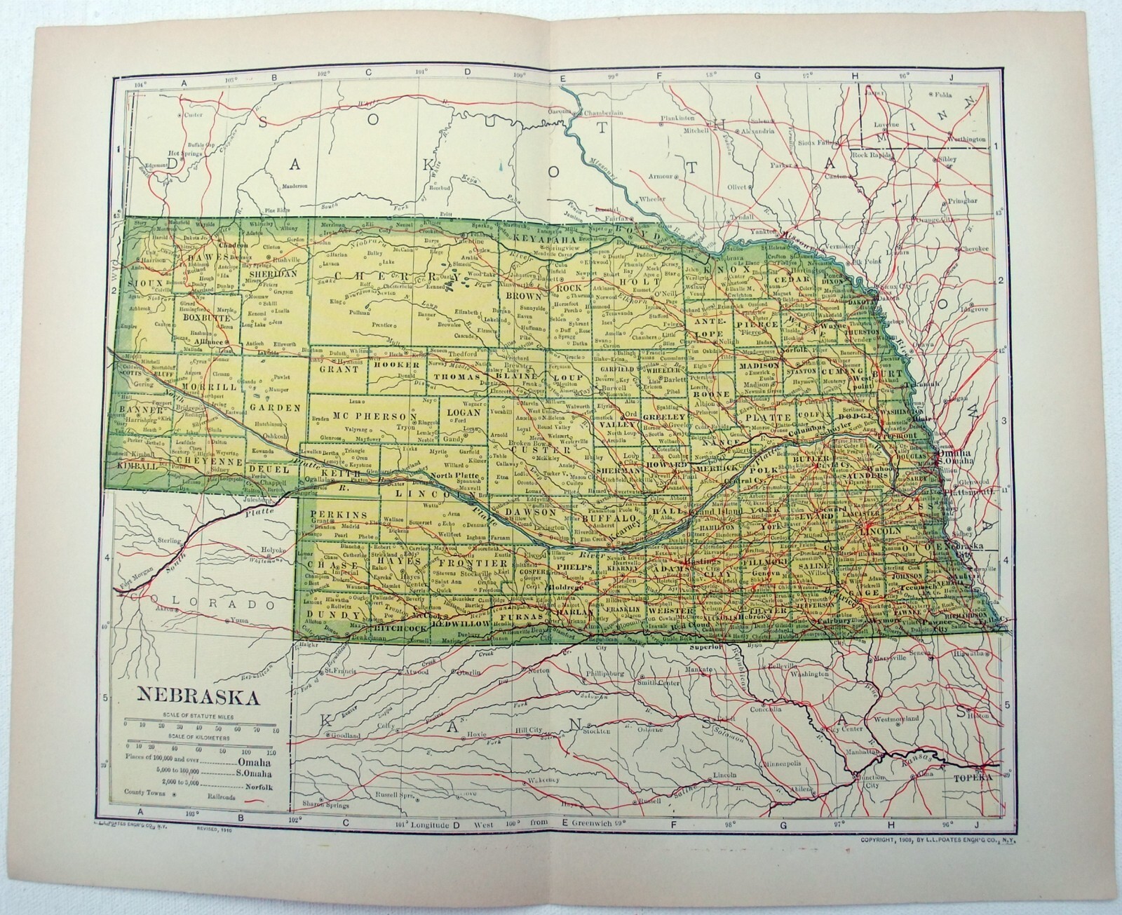 Nebraska – Original 1910 Dated Map by Dodd Mead & Company. Antique